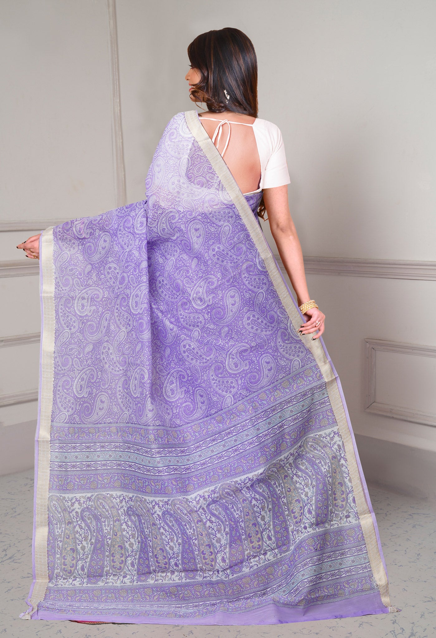 Violet Screen Printed Chanderi Sico Saree-UNM73601