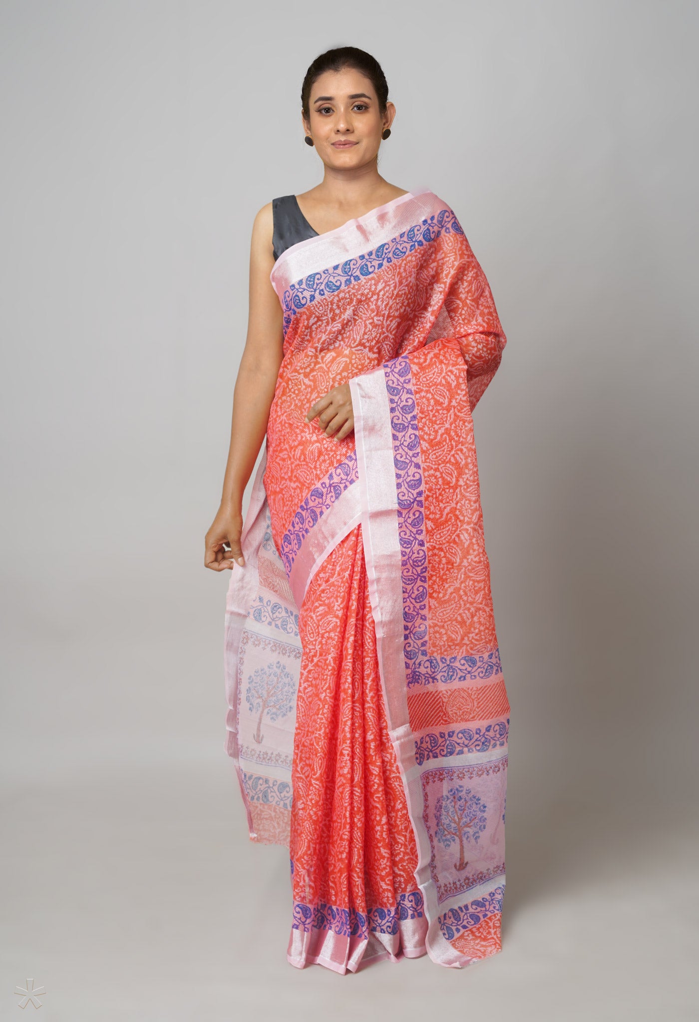 Orange Pure Block Printed Kota Cotton Saree