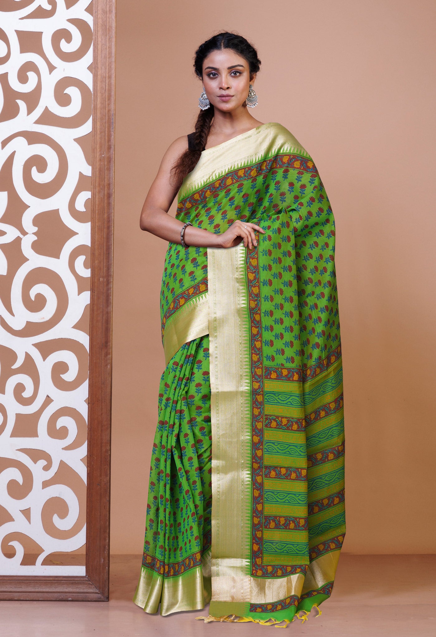 Green Dyed Printed Chanderi Sico Saree-UNM73696