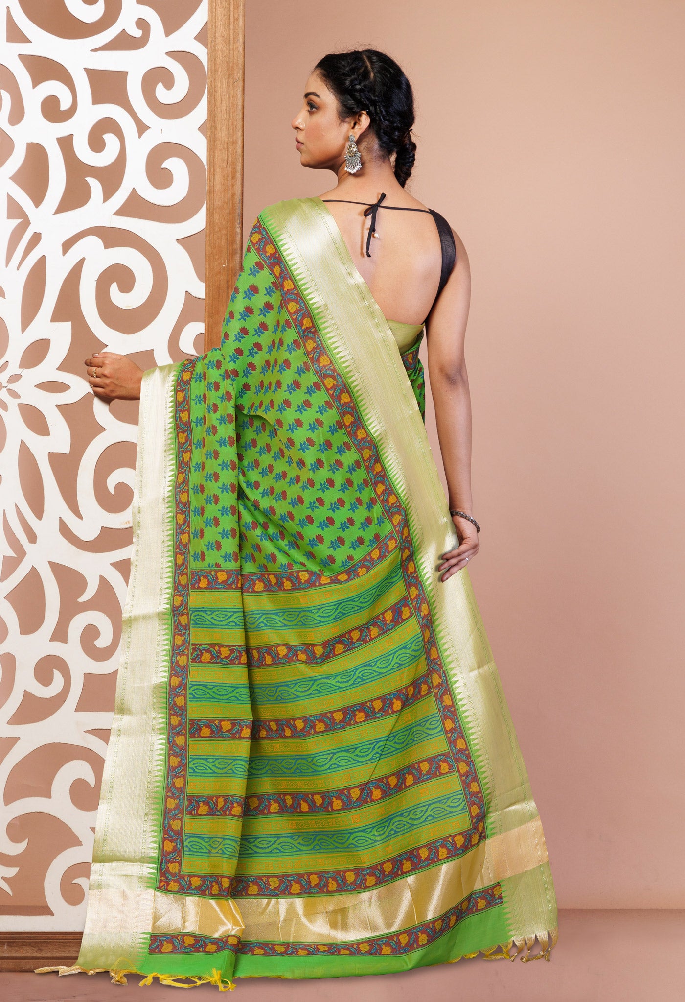 Green Dyed Printed Chanderi Sico Saree-UNM73696