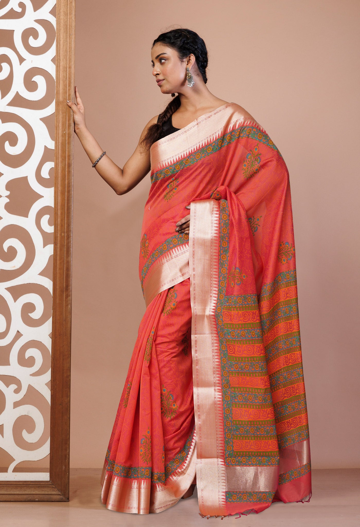 Red Dyed Printed Chanderi Sico Saree-UNM73697