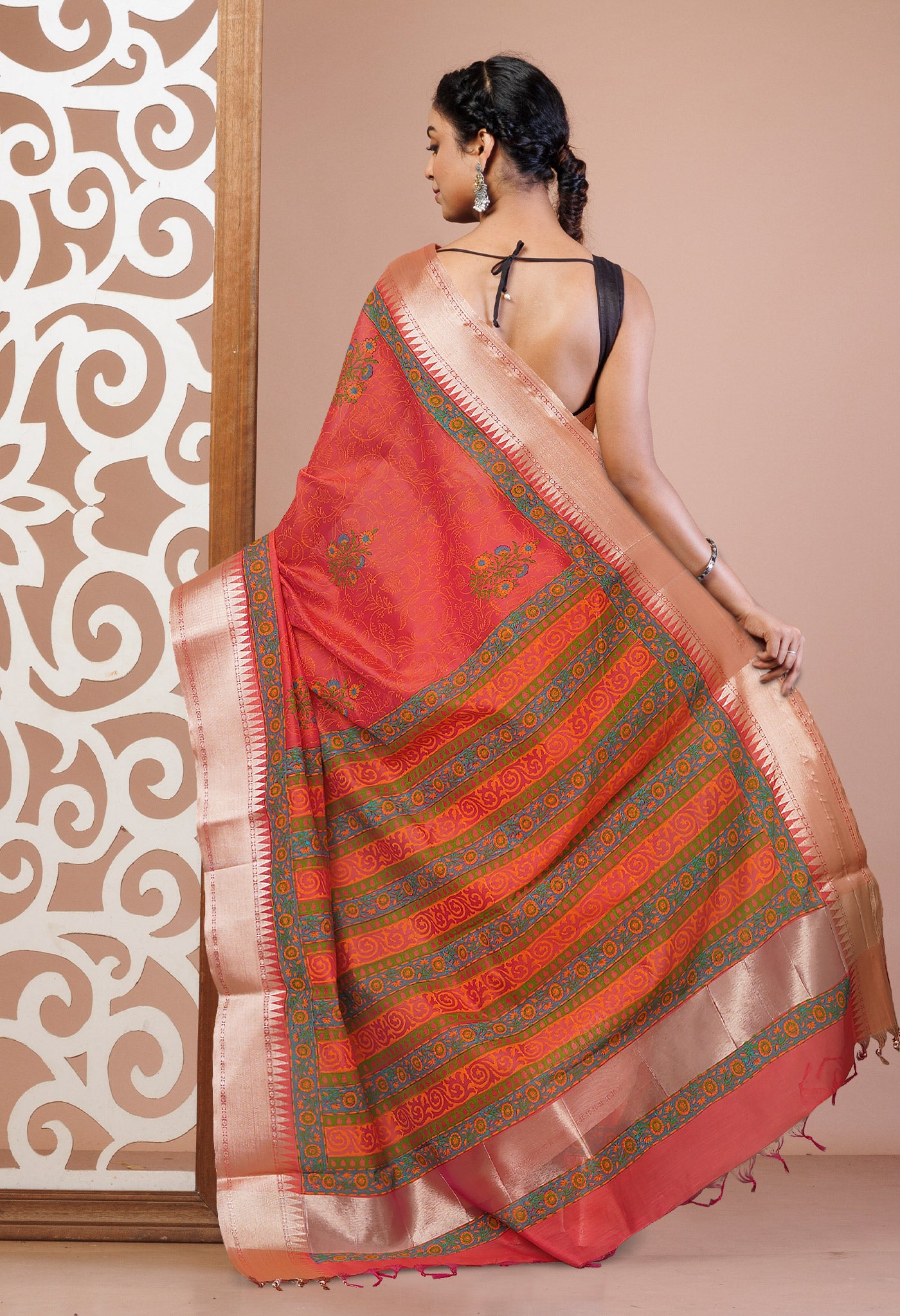 Red Dyed Printed Chanderi Sico Saree-UNM73697