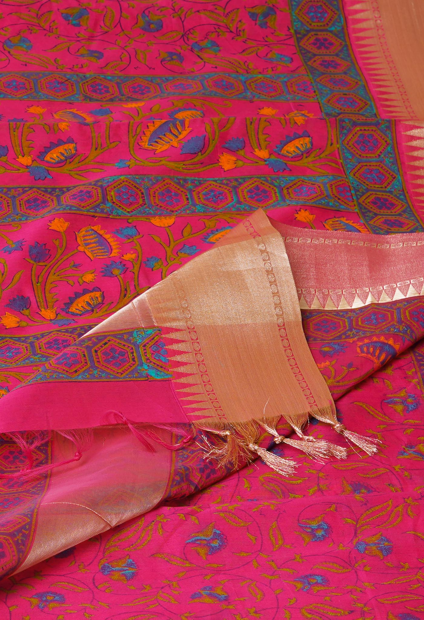 Pink Dyed Printed Chanderi Sico Saree