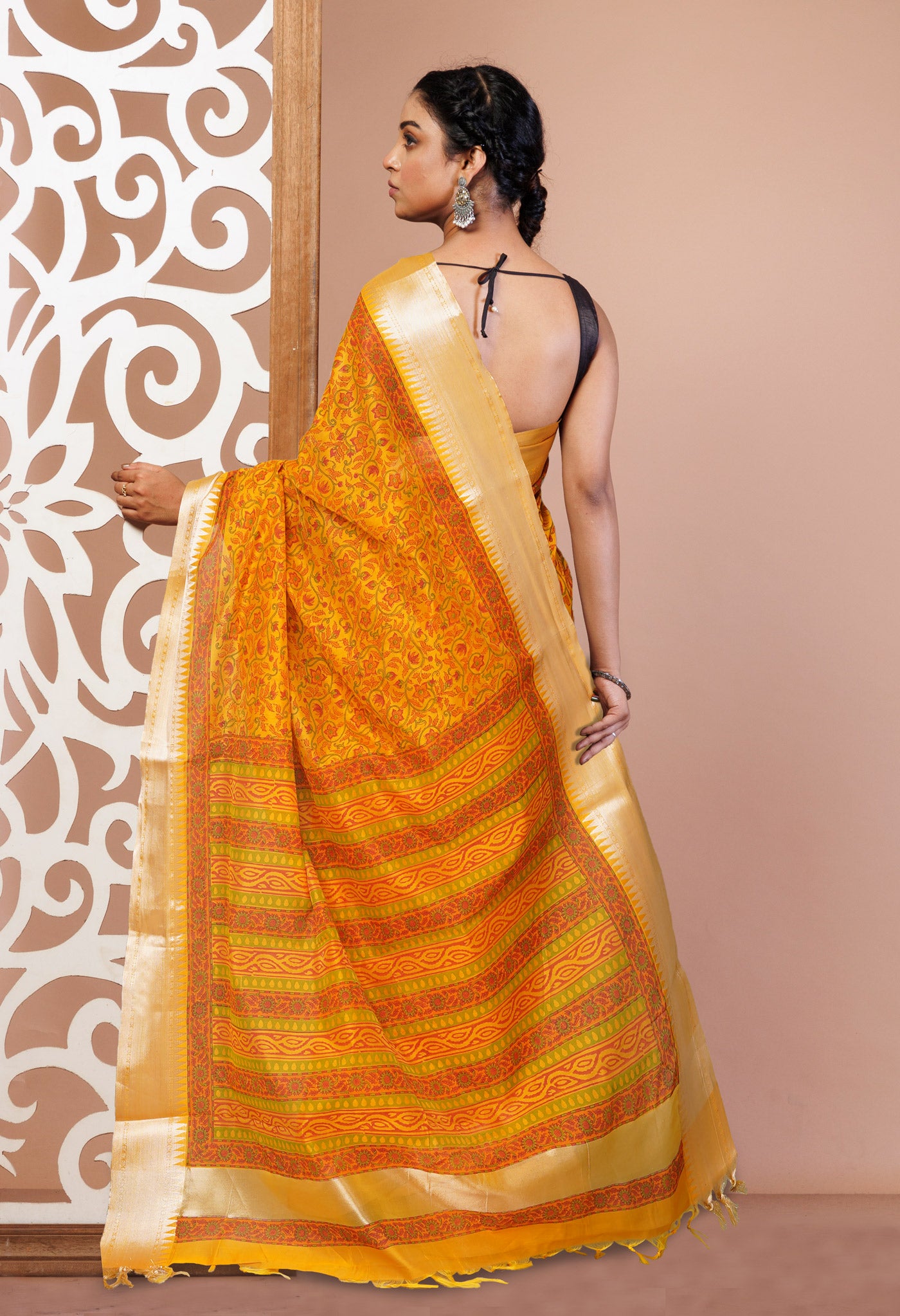 Yellow Dyed Printed Chanderi Sico Saree-UNM73701