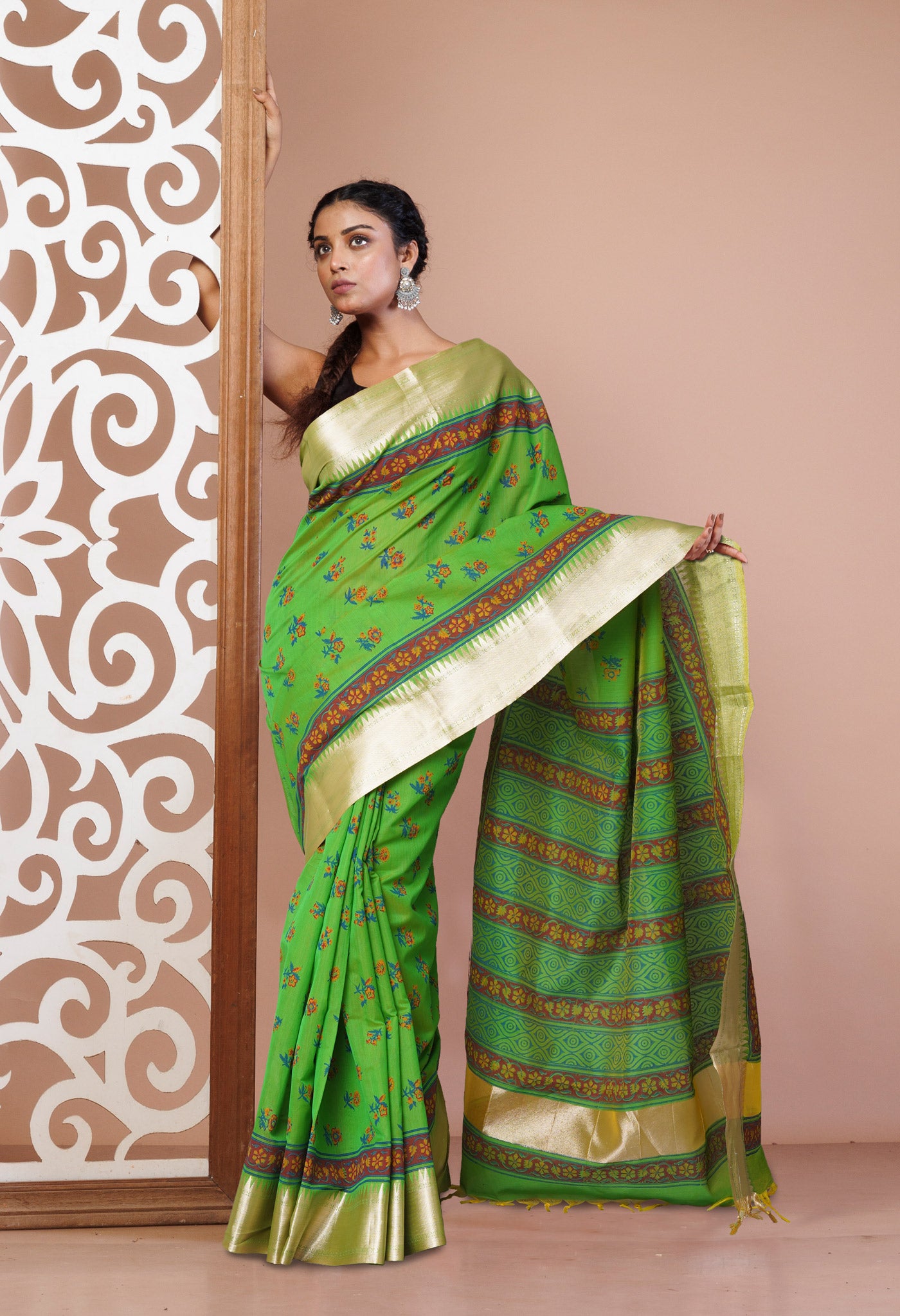 Green Dyed Printed Chanderi Sico Saree-UNM73702