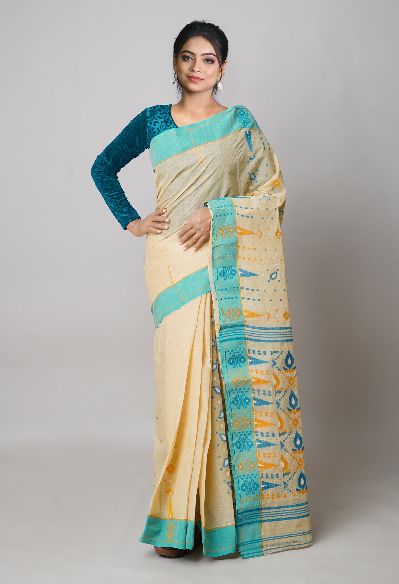 Cream Pure Handloom Jamdhani Bengal Cotton Saree-UNM73818