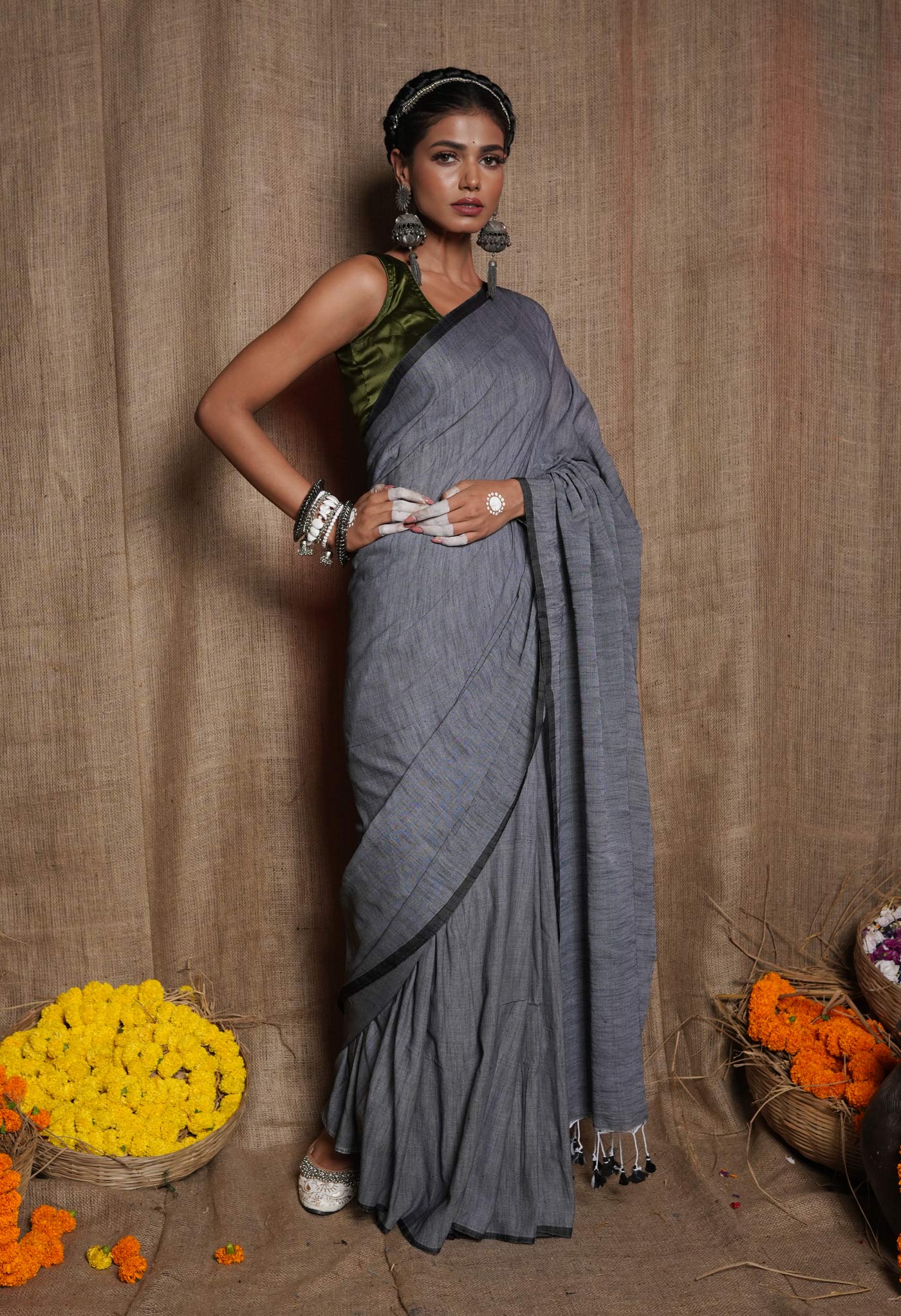 Grey-Black Pure Plain Cotton Linen Saree