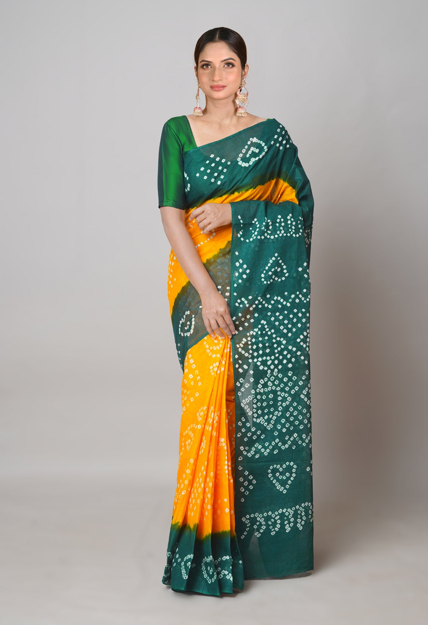 YellowDark Green Pure  Bandhani Cotton Saree-UNM73835