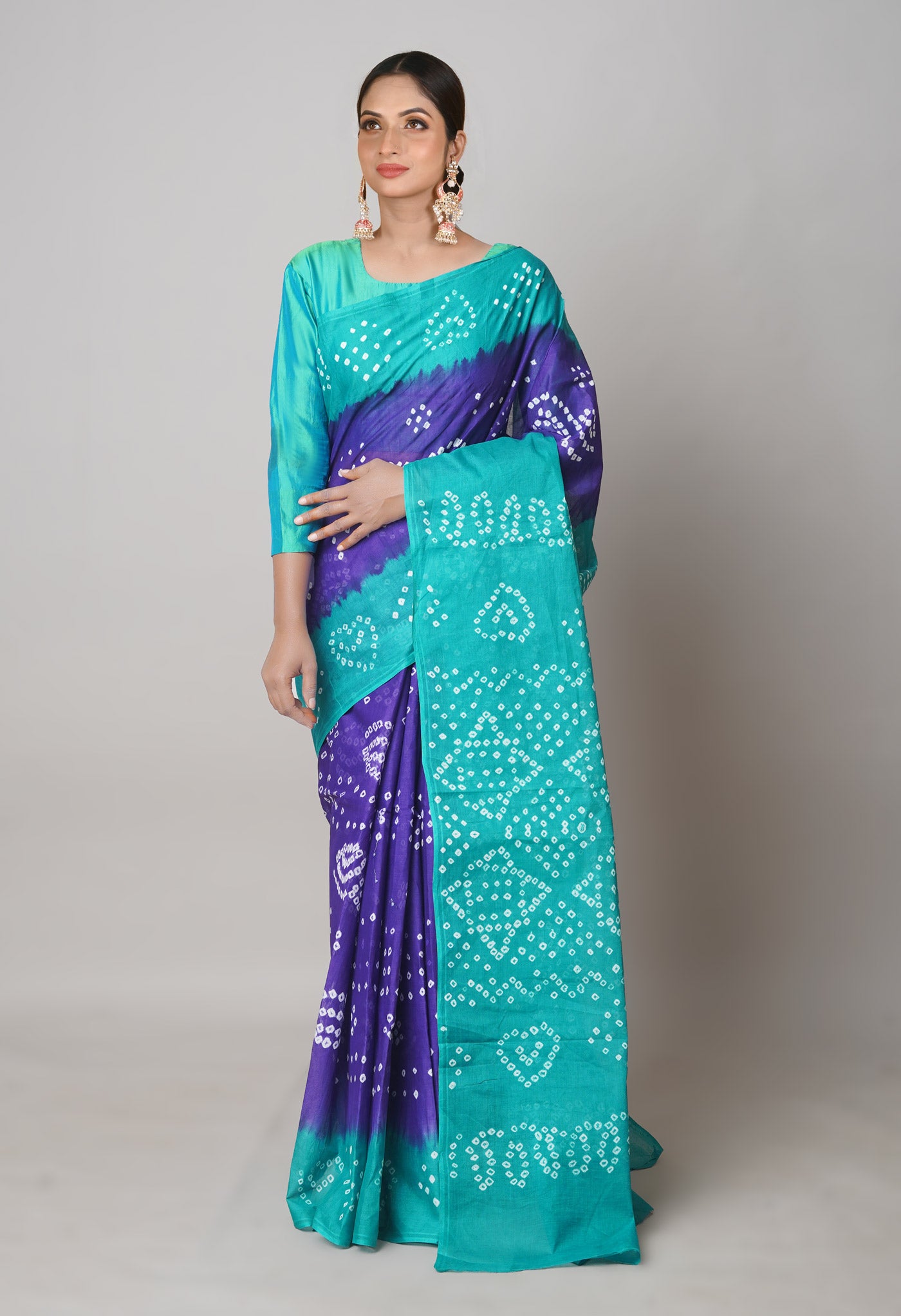 Voilet-Green Pure  Bandhani Cotton Saree-UNM73841