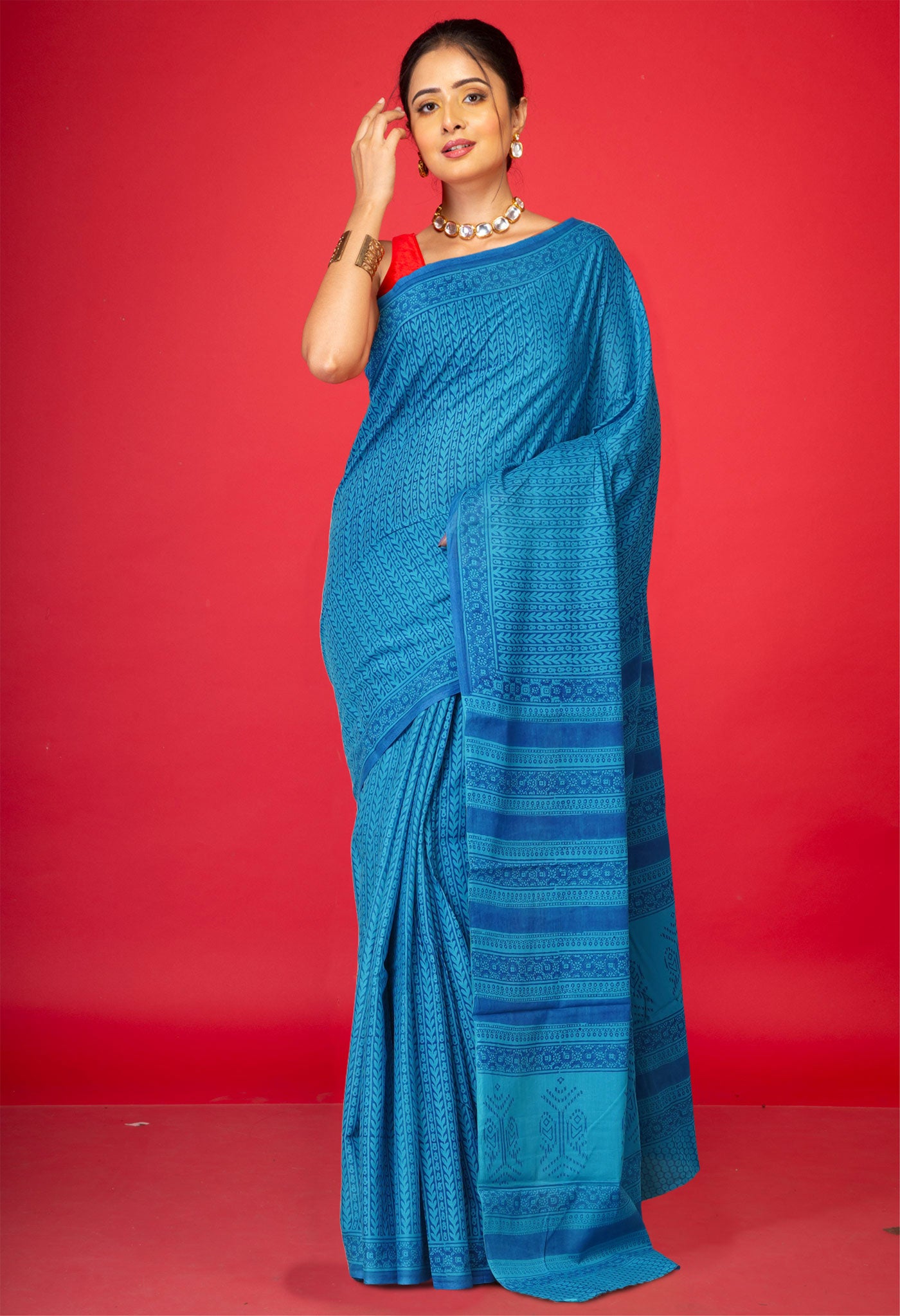 Blue Pure Block Printed Superfine Mulmul Cotton Saree-UNM73846