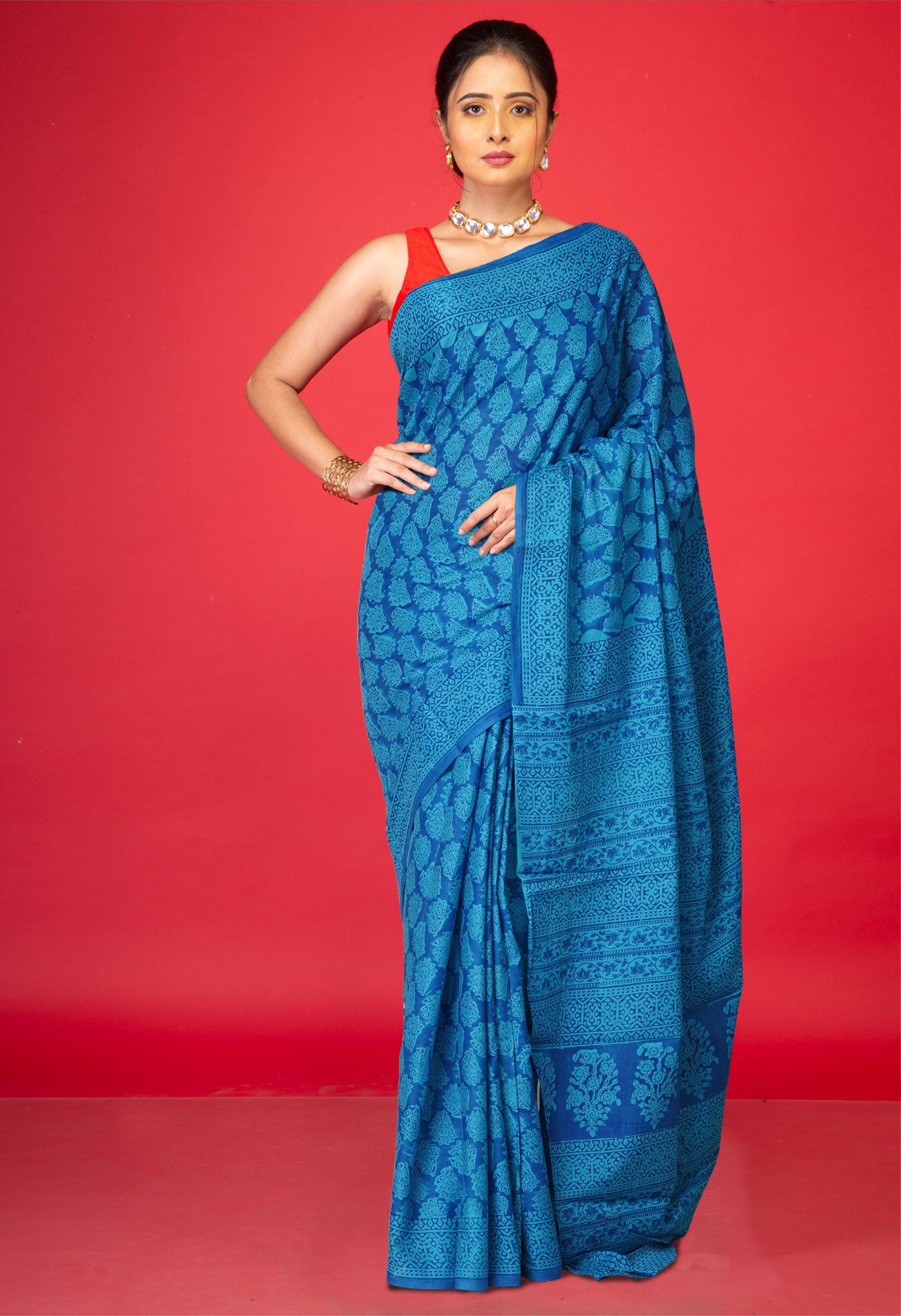 Blue Pure Block Printed Superfine Mulmul Cotton Saree-UNM73857