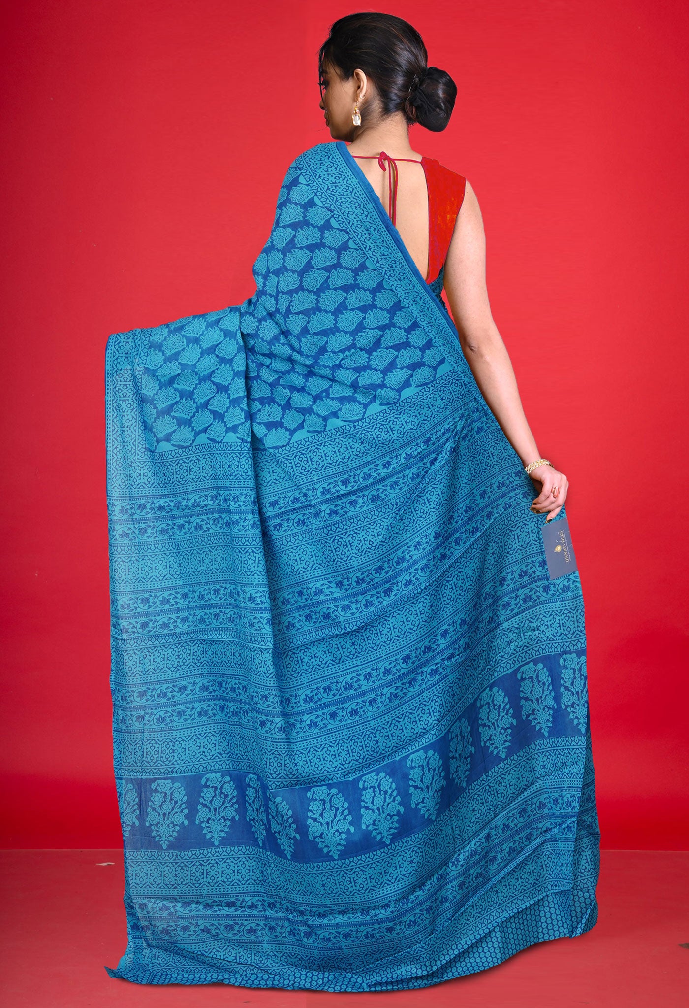 Blue Pure Block Printed Superfine Mulmul Cotton Saree-UNM73857