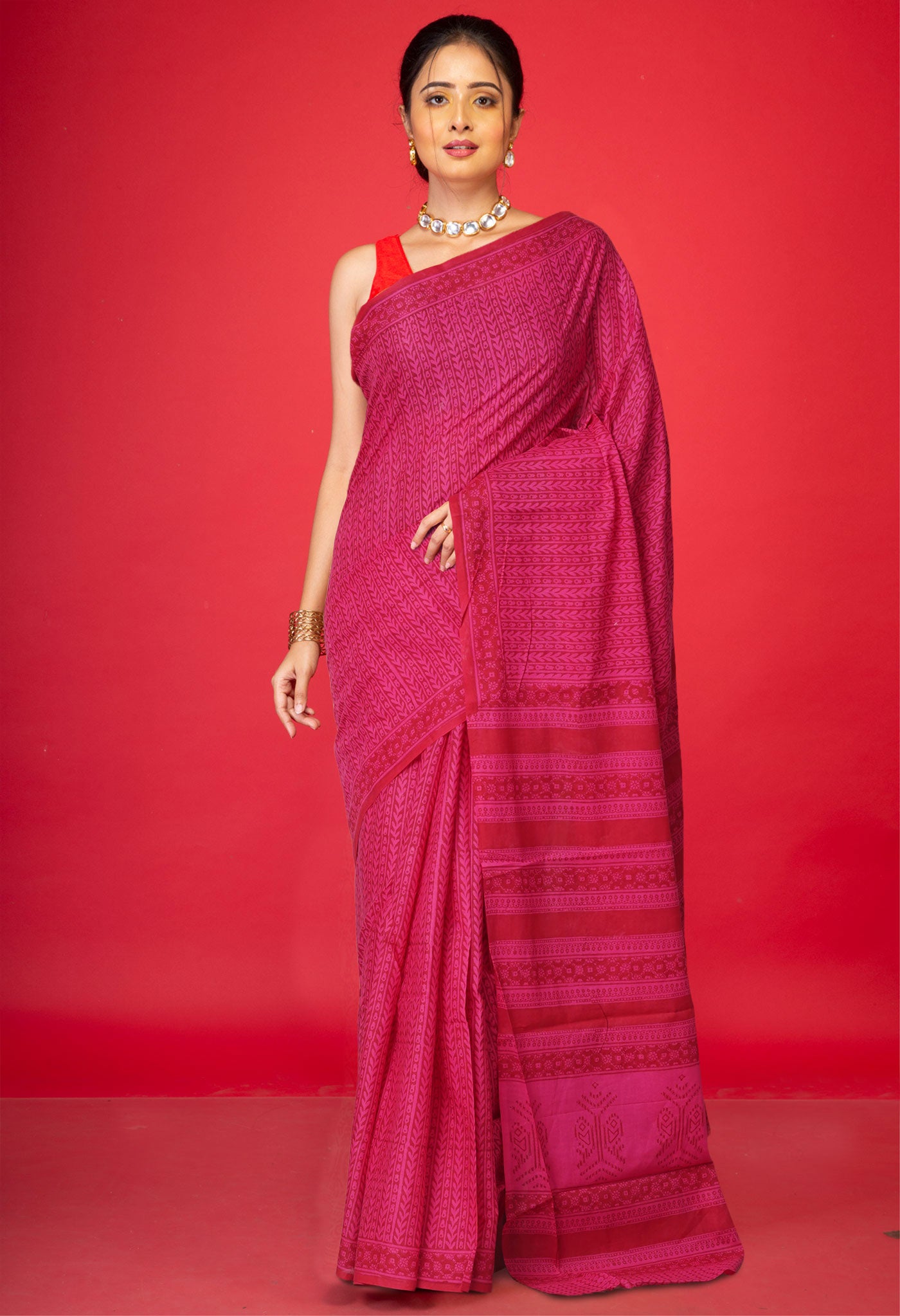 Pink Pure Block Printed Superfine Mulmul Cotton Saree-UNM73862