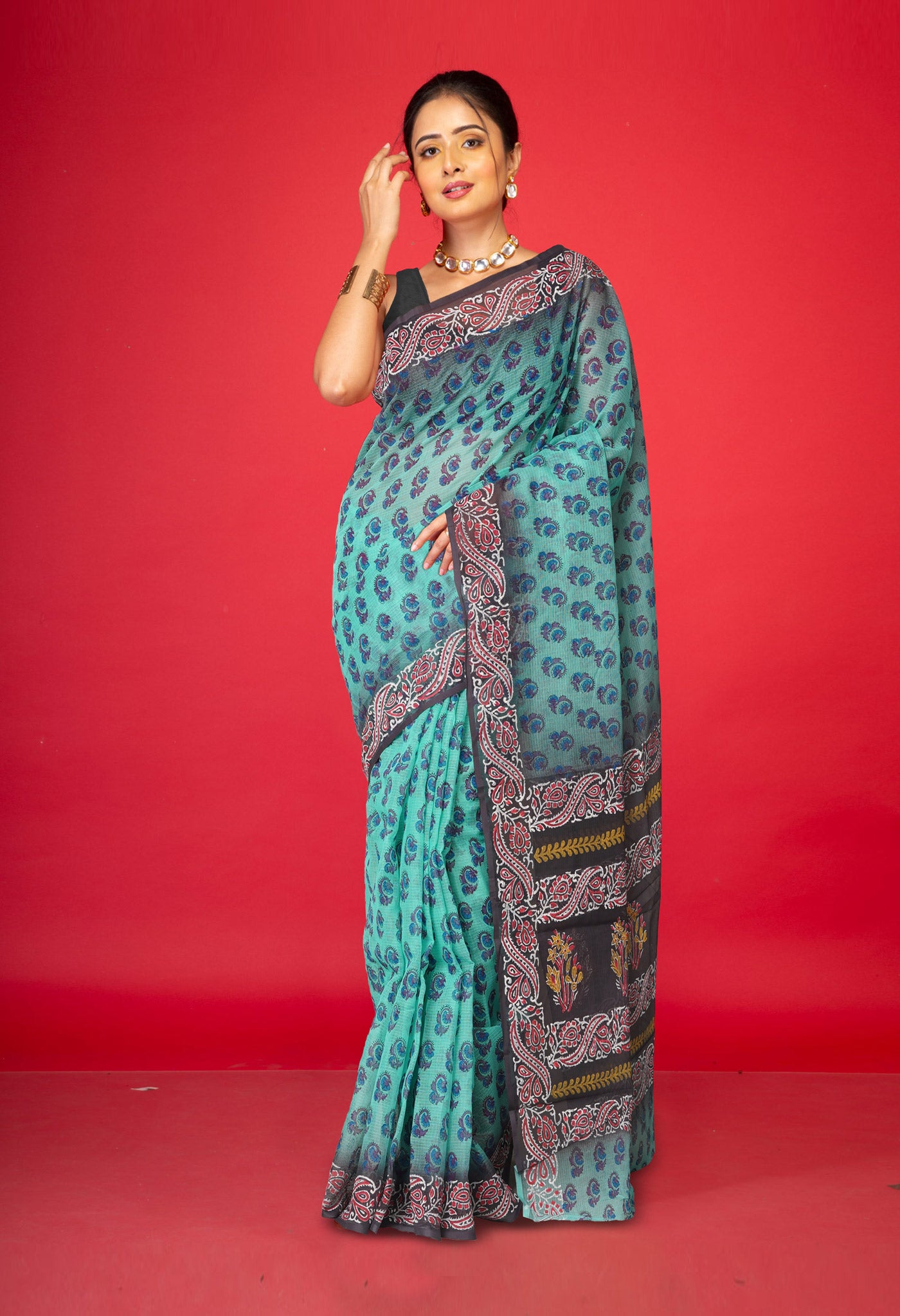 Green Pure Kota Cotton Saree With Kalamkari Printed Blouse Piece-UNM73879