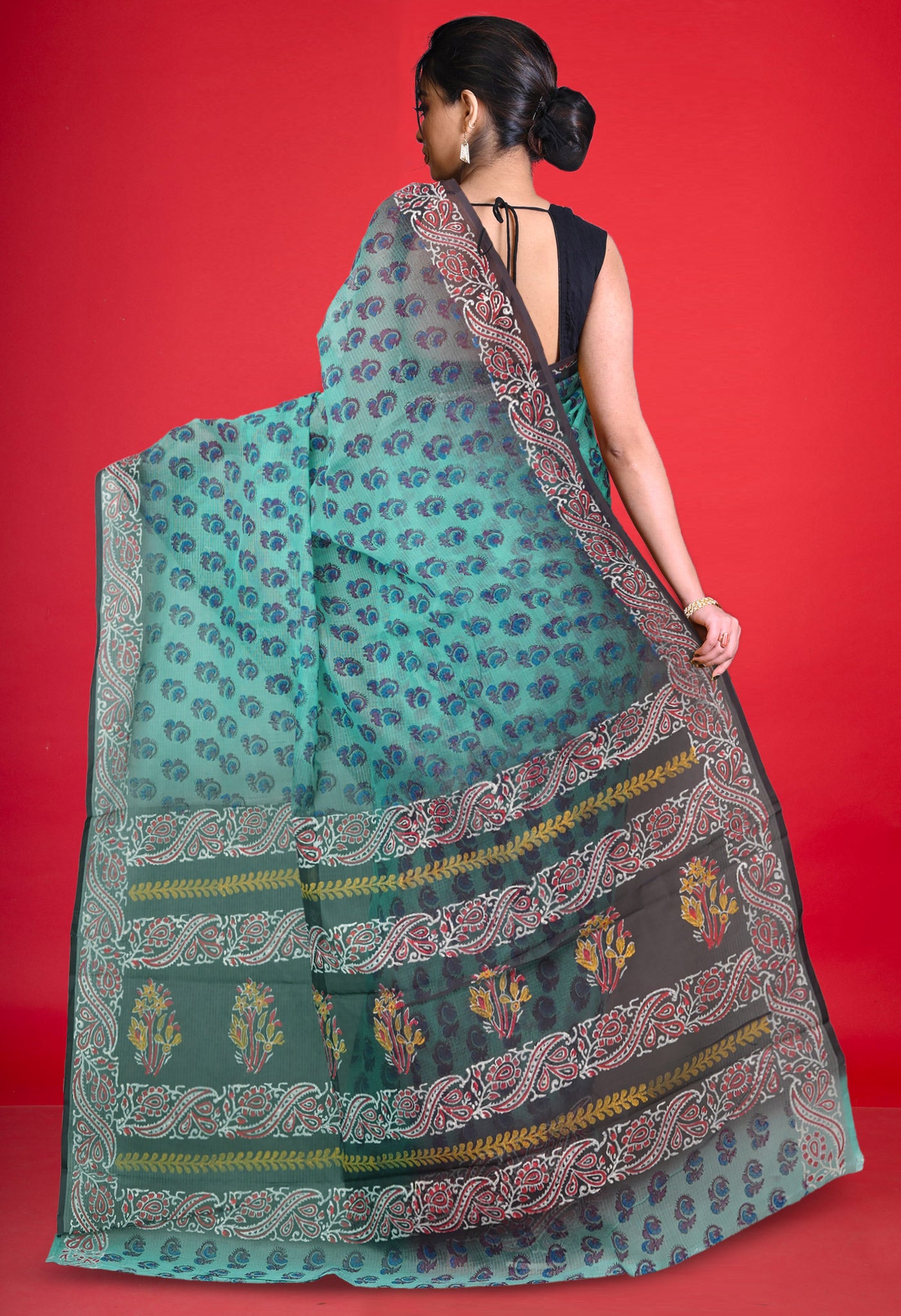 Green Pure Kota Cotton Saree With Kalamkari Printed Blouse Piece-UNM73879