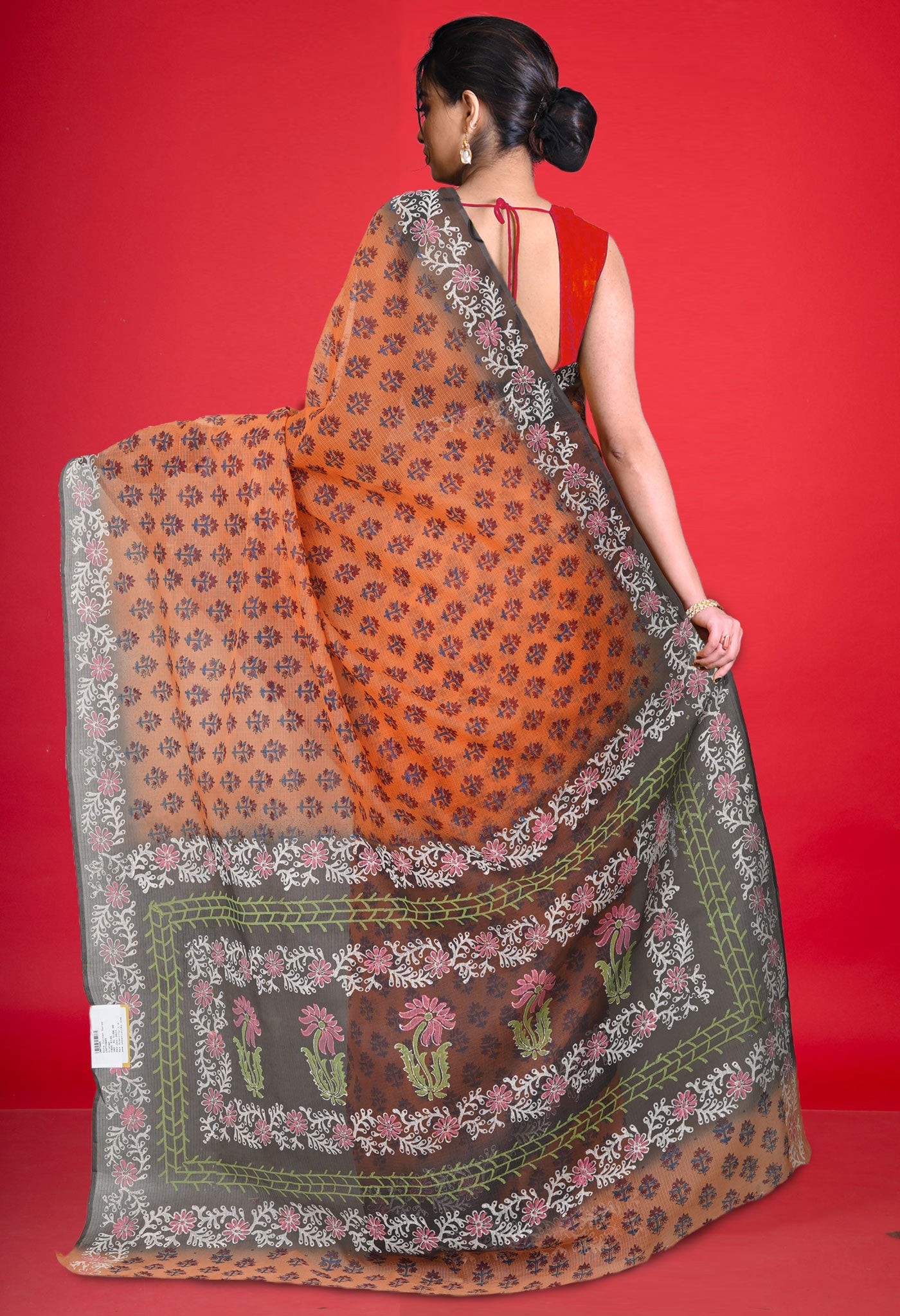 Orange Pure Block Printed Kota Cotton Saree With Kalamkari Printed Blouse Piece-UNM73885