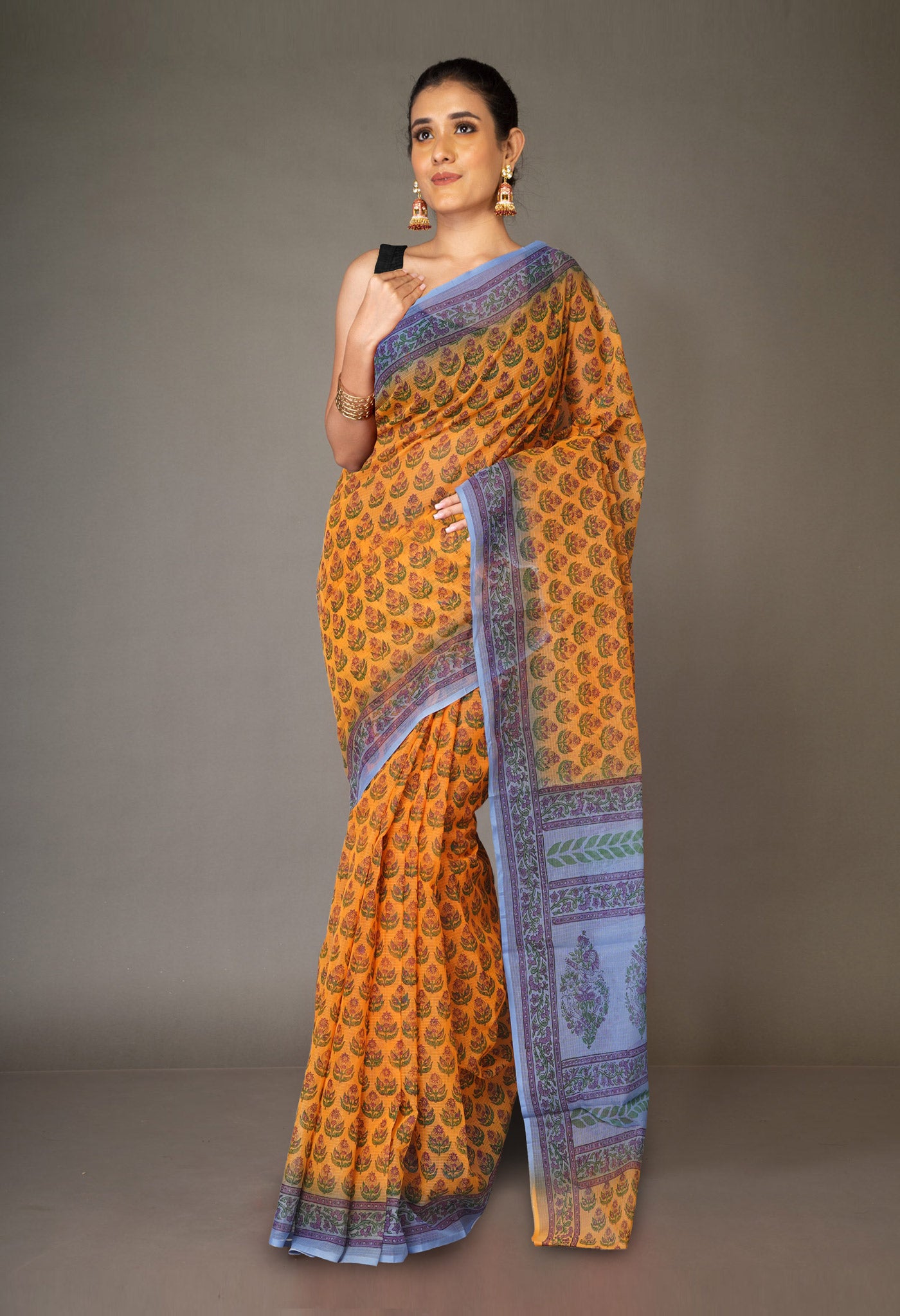 Orange Pure Block Printed Kota Cotton Saree With Kalamkari Printed Blouse Piece-UNM73887