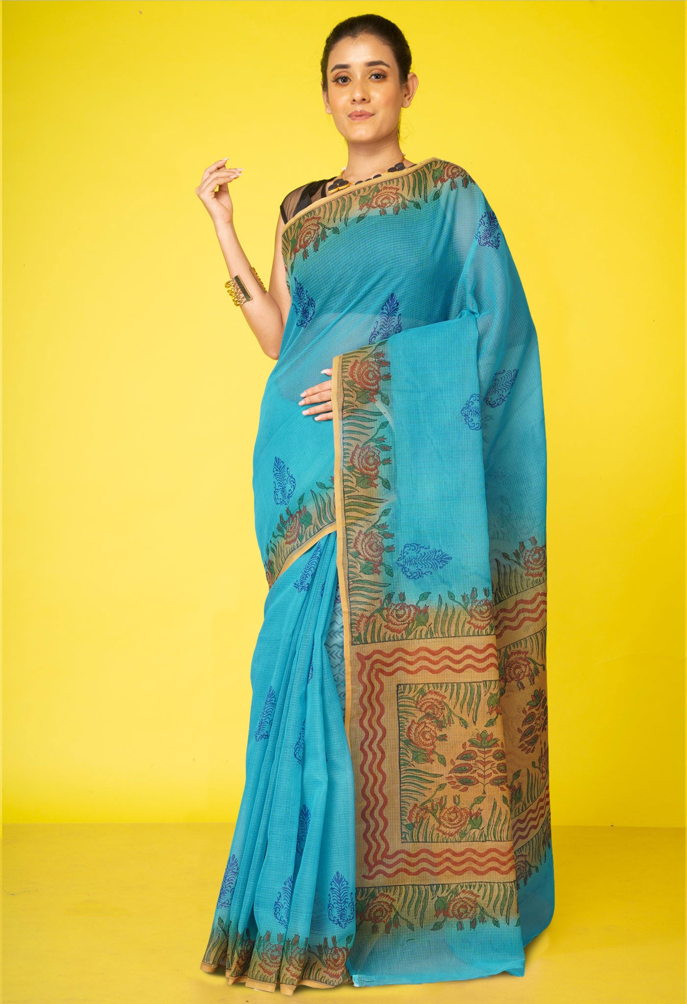 Blue Pure Block Printed Kota Cotton Saree With Kalamkari Printed Blouse Piece-UNM73893