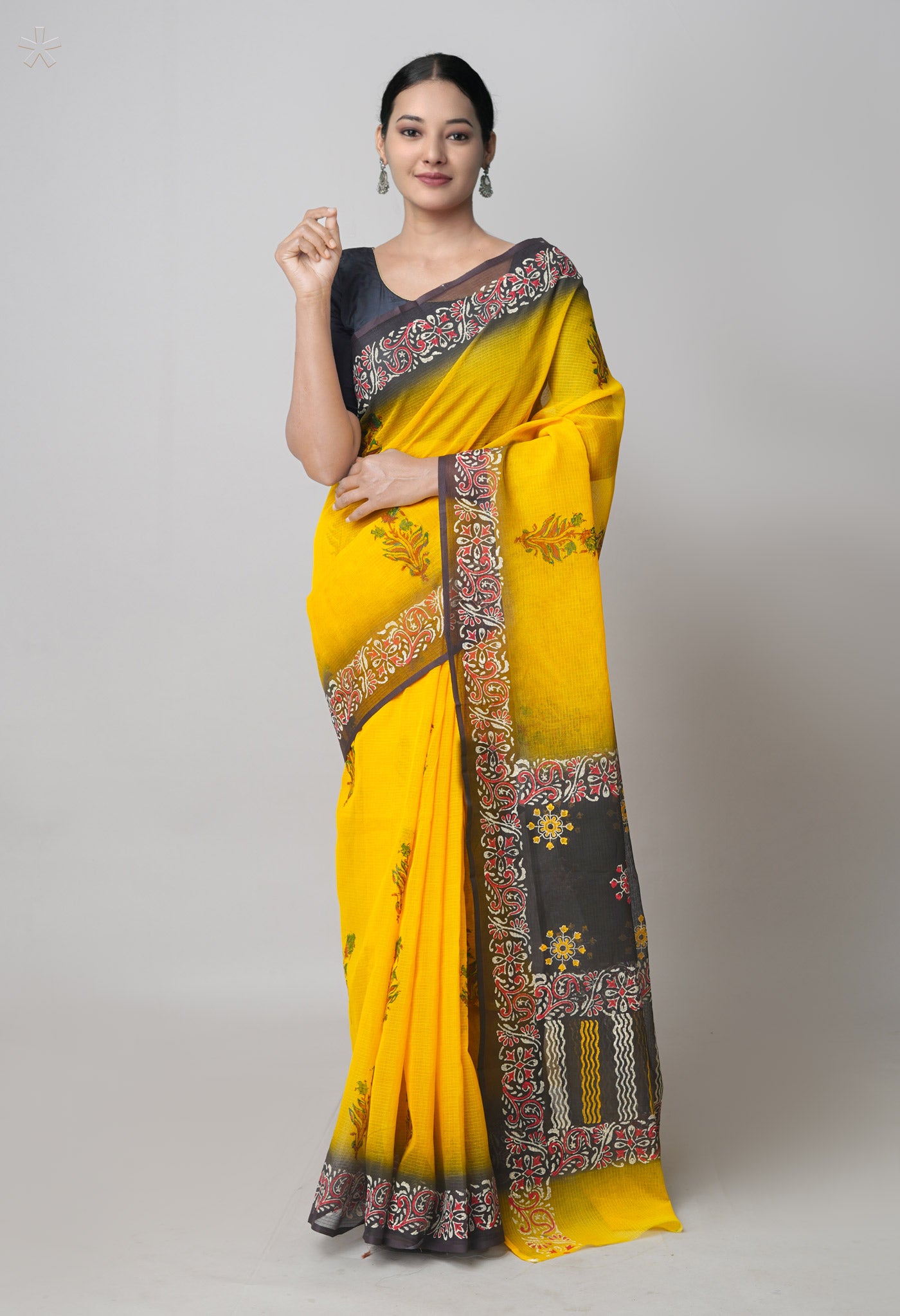 Yellow Pure  Block Printed Kota Cotton Saree With Kalamkari Printed Blouse Piece-UNM73896