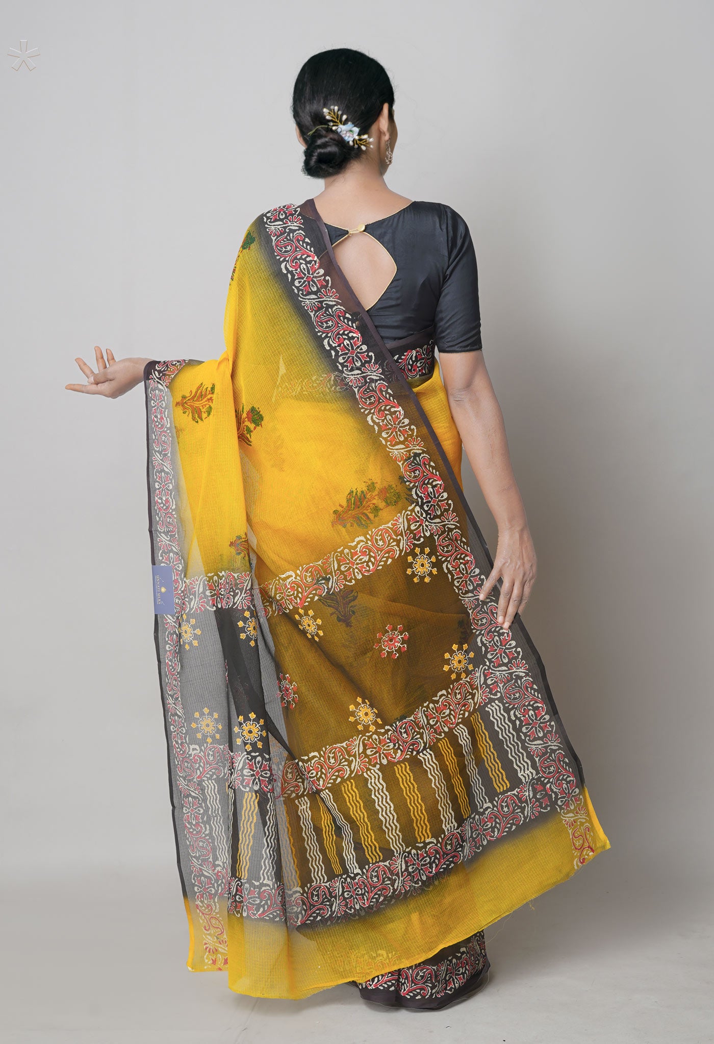 Yellow Pure  Block Printed Kota Cotton Saree With Kalamkari Printed Blouse Piece-UNM73896