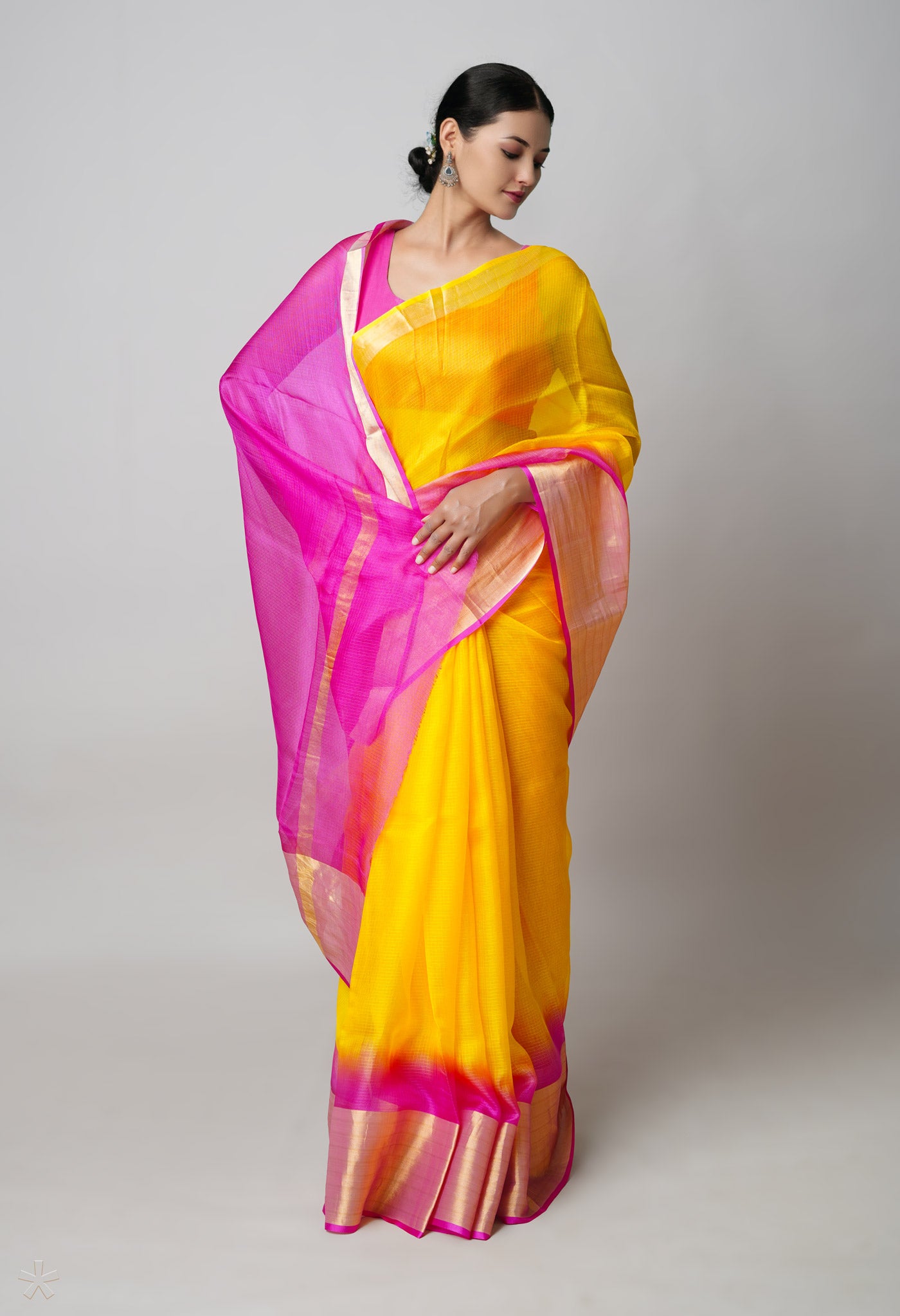 Yellow-Pink Pure  Dyed Kota Silk Saree-UNM73899