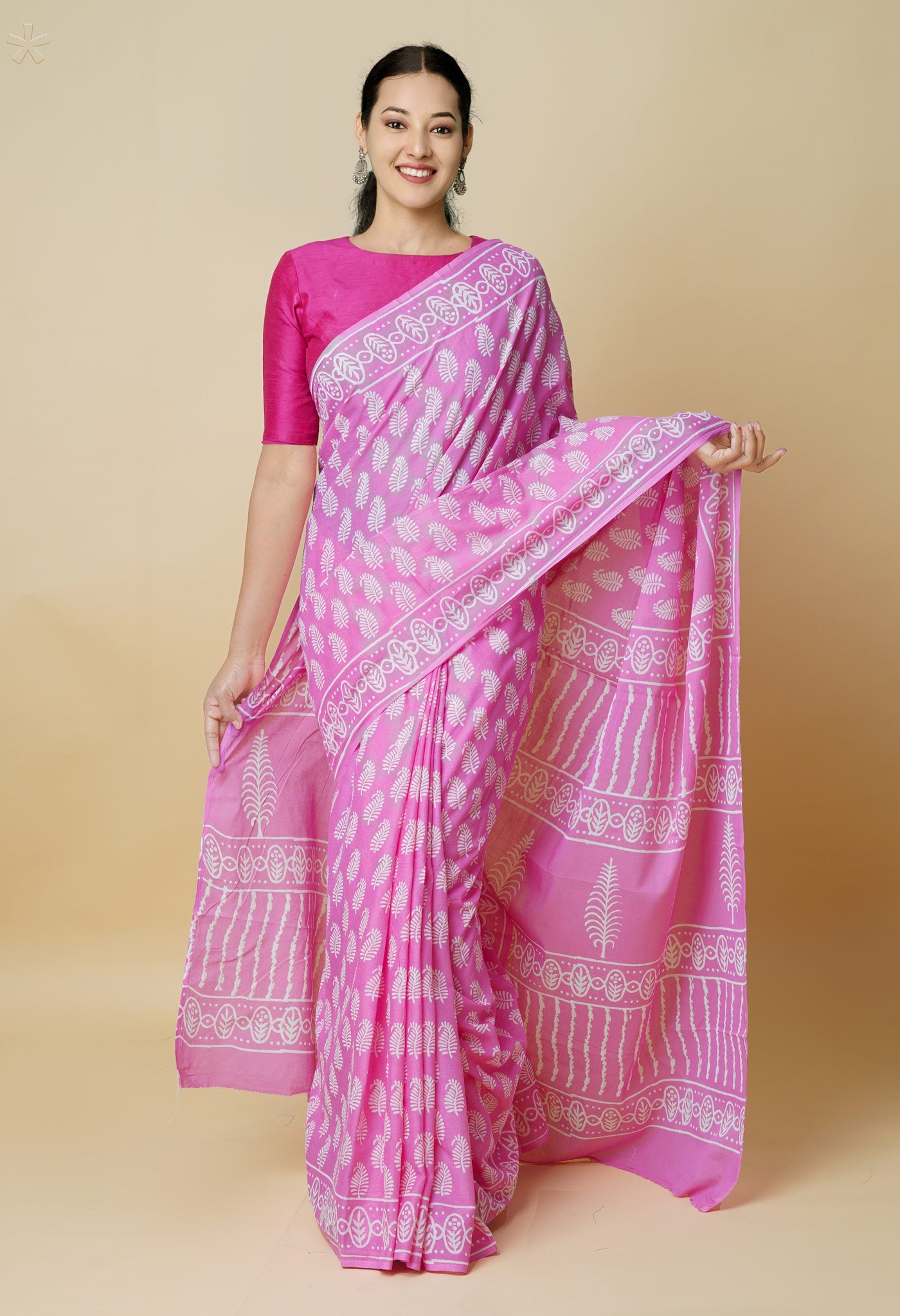 Pink Pure Hand Block Printed Discharge Soft Cotton Saree