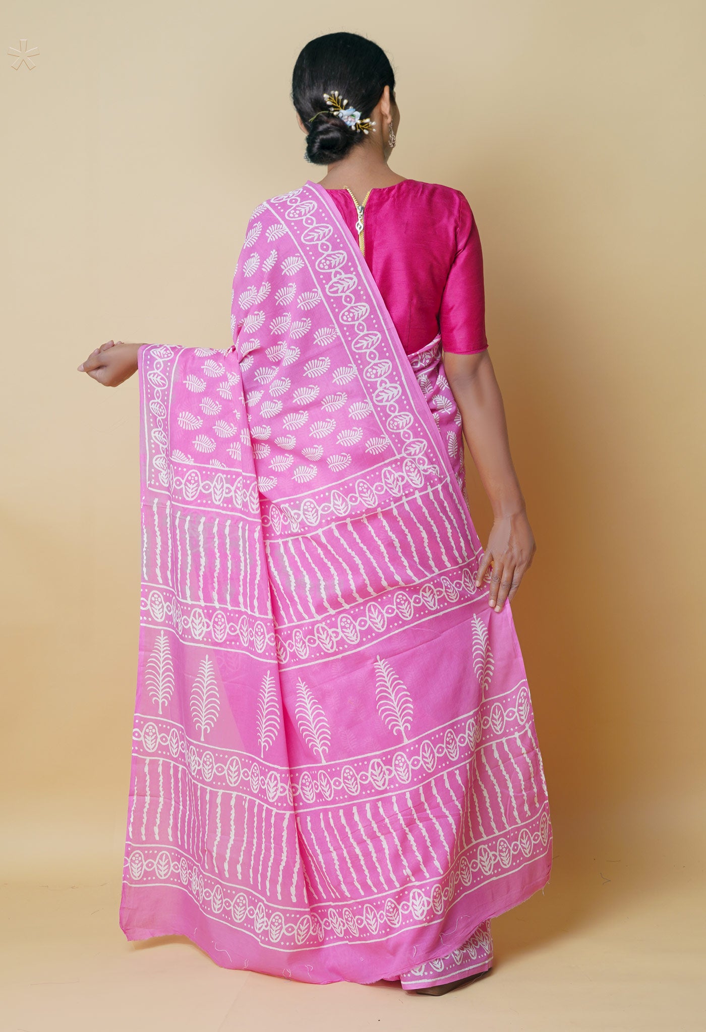 Pink Pure Hand Block Printed Discharge Soft Cotton Saree