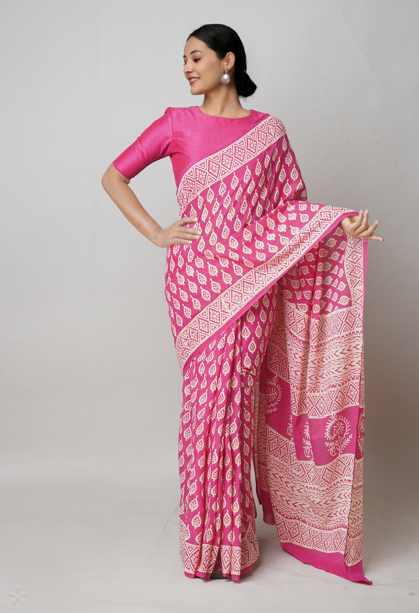 Pink Pure Hand Block Printed Soft Cotton Saree