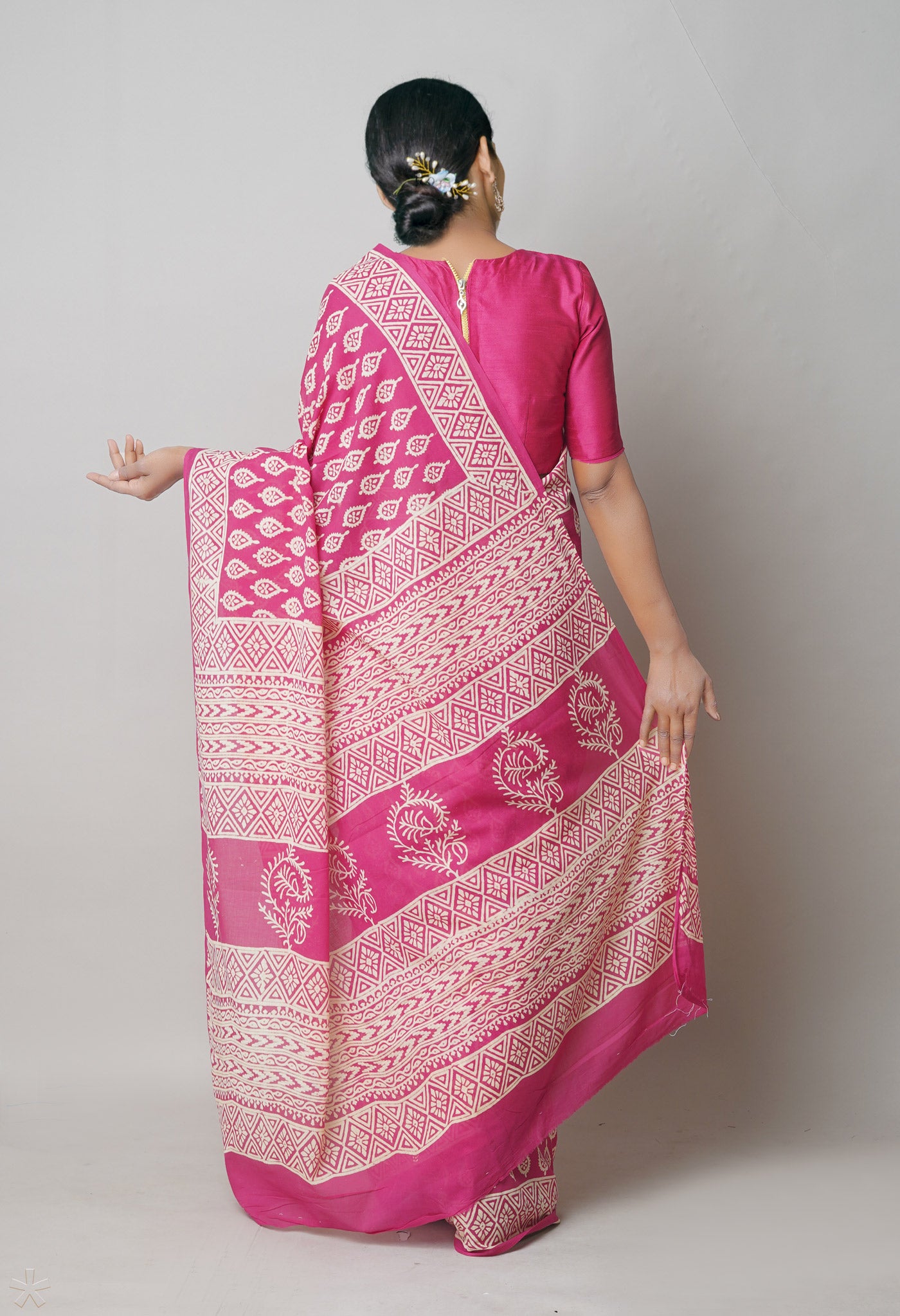 Pink Pure Hand Block Printed Soft Cotton Saree