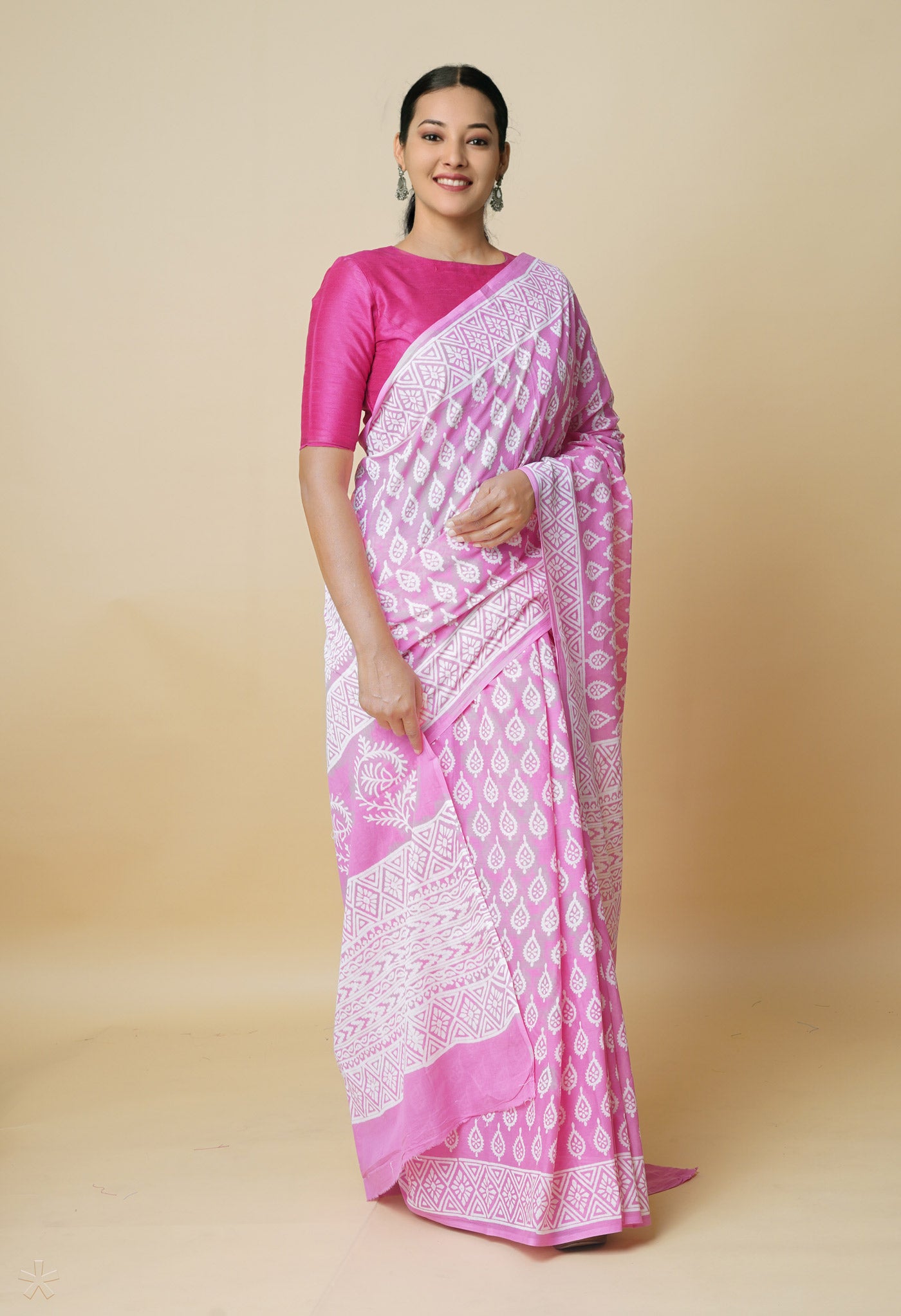 Pink Pure Hand Block Printed Discharge Soft Cotton Saree