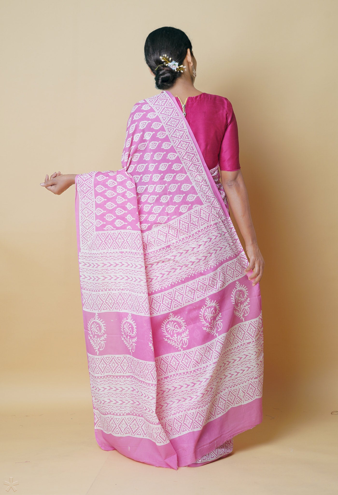 Pink Pure Hand Block Printed Discharge Soft Cotton Saree