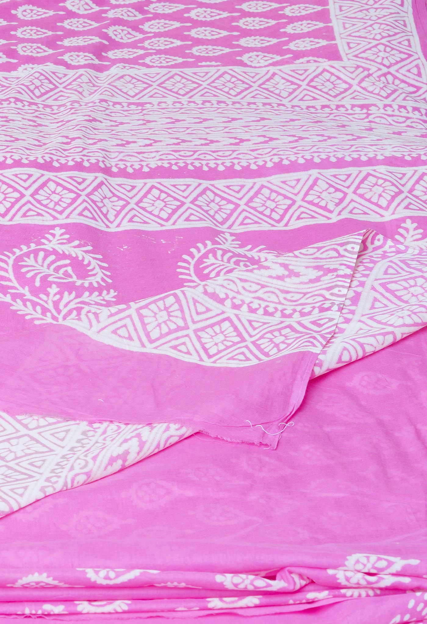 Pink Pure Hand Block Printed Discharge Soft Cotton Saree