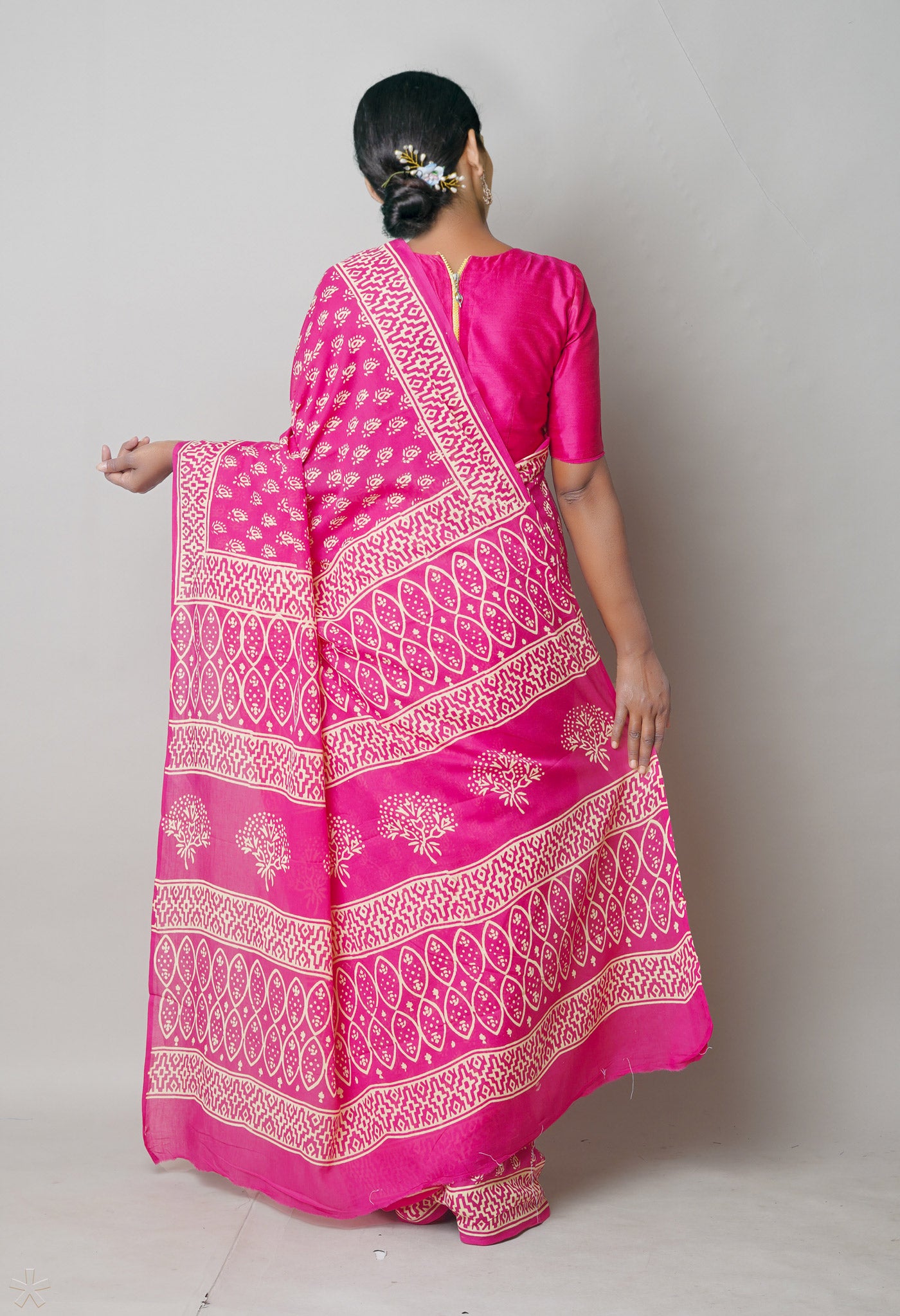 Pink Pure Hand Block Printed Soft Cotton Saree