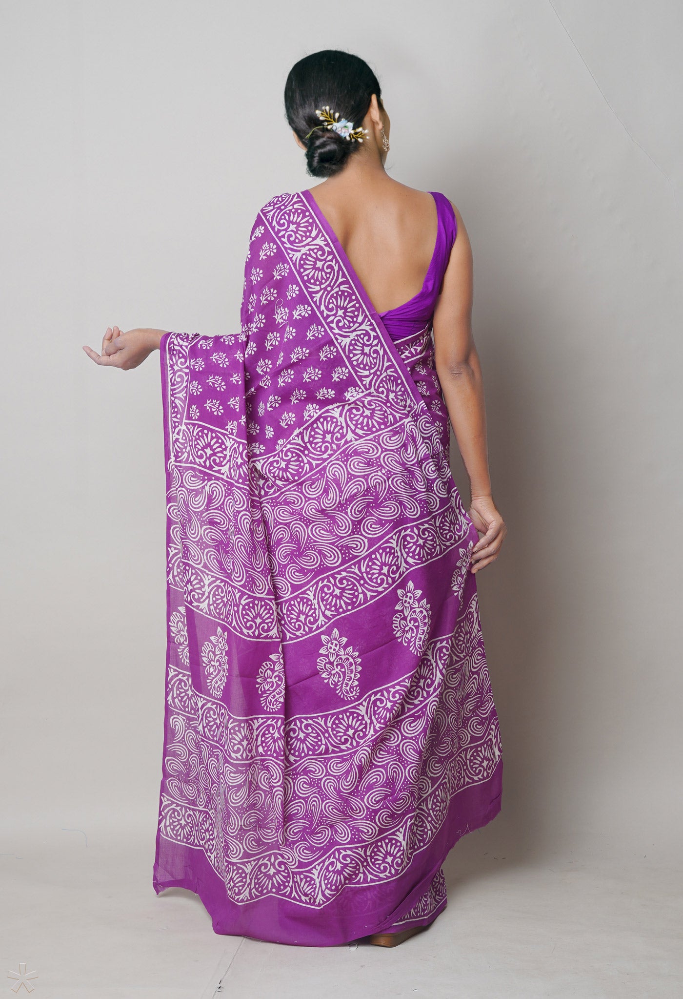 Purple Pure Hand Block Printed Soft Cotton Saree