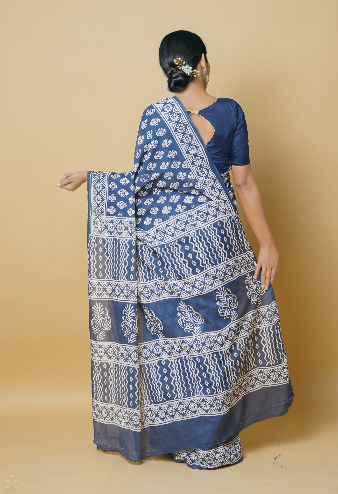 Grey Pure Hand Block Printed Soft Cotton Saree