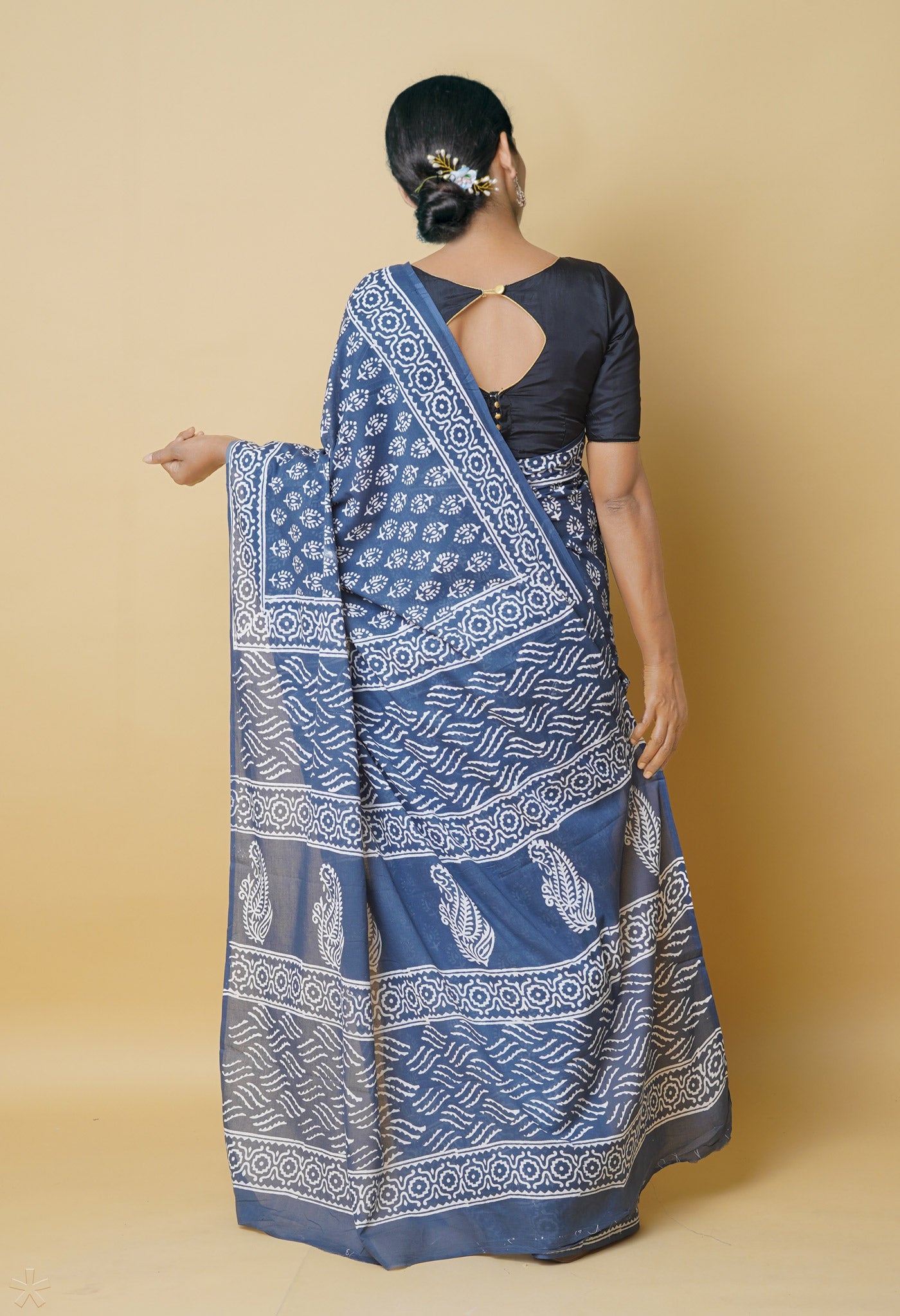 Grey Pure Hand Block Printed Soft Cotton Saree