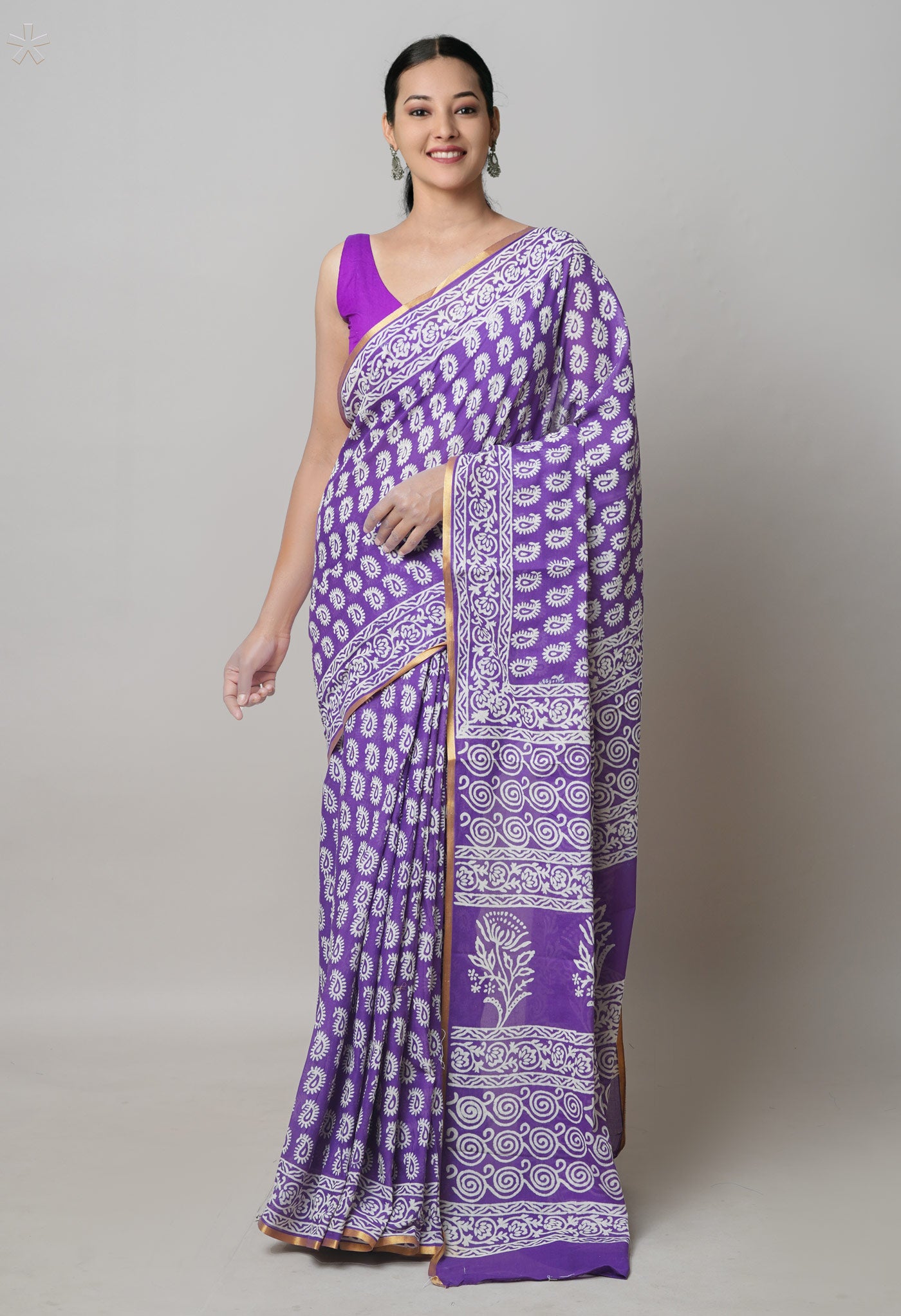 Violet Pure Hand Block Printed Soft Cotton Saree