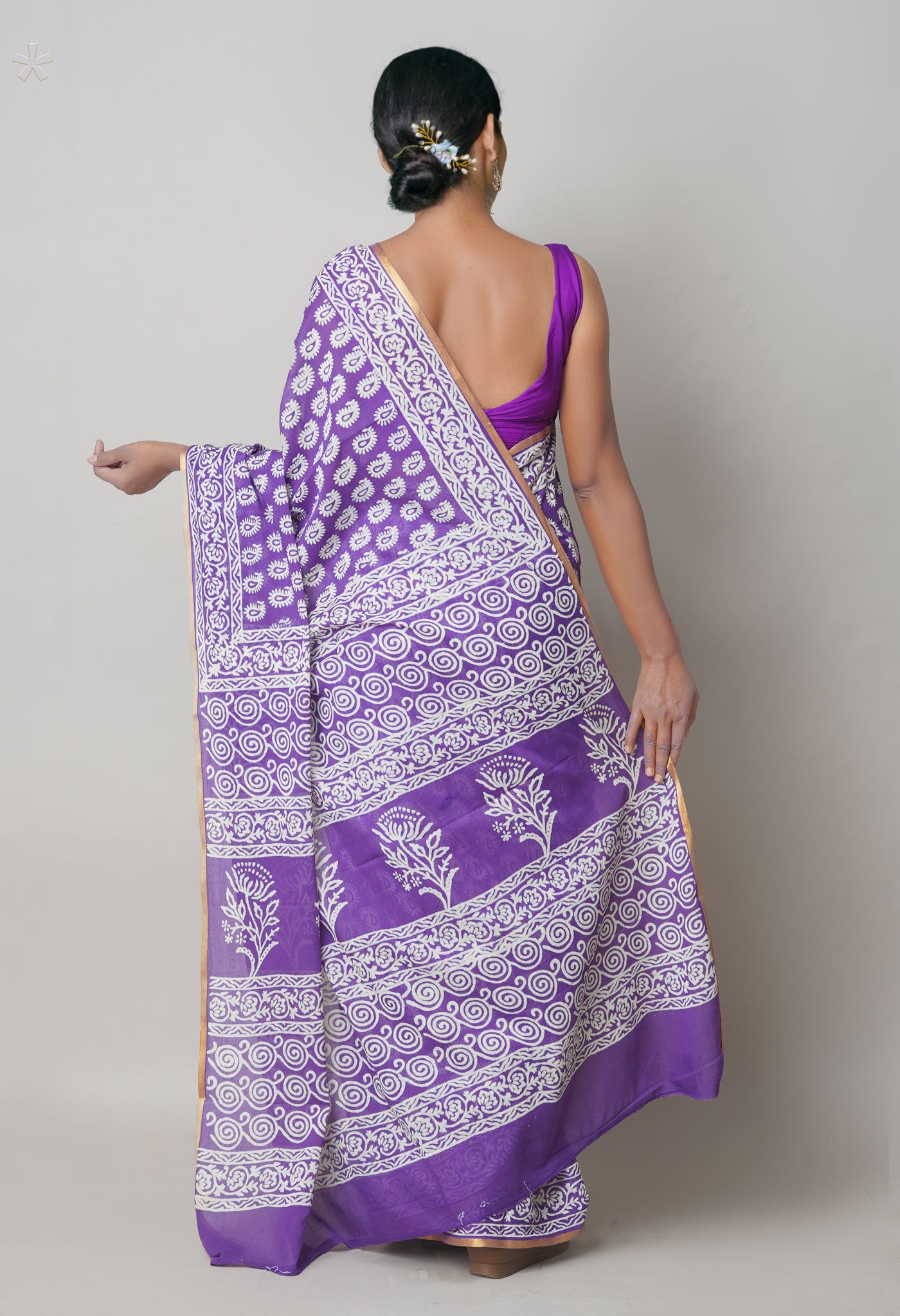 Violet Pure Hand Block Printed Soft Cotton Saree