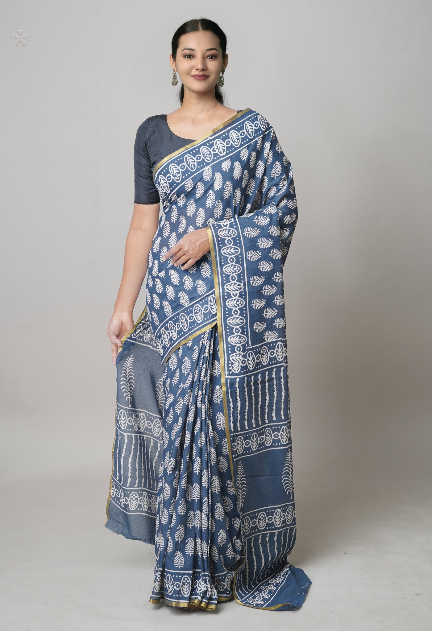 Grey Pure Hand Block Printed Soft Cotton Saree