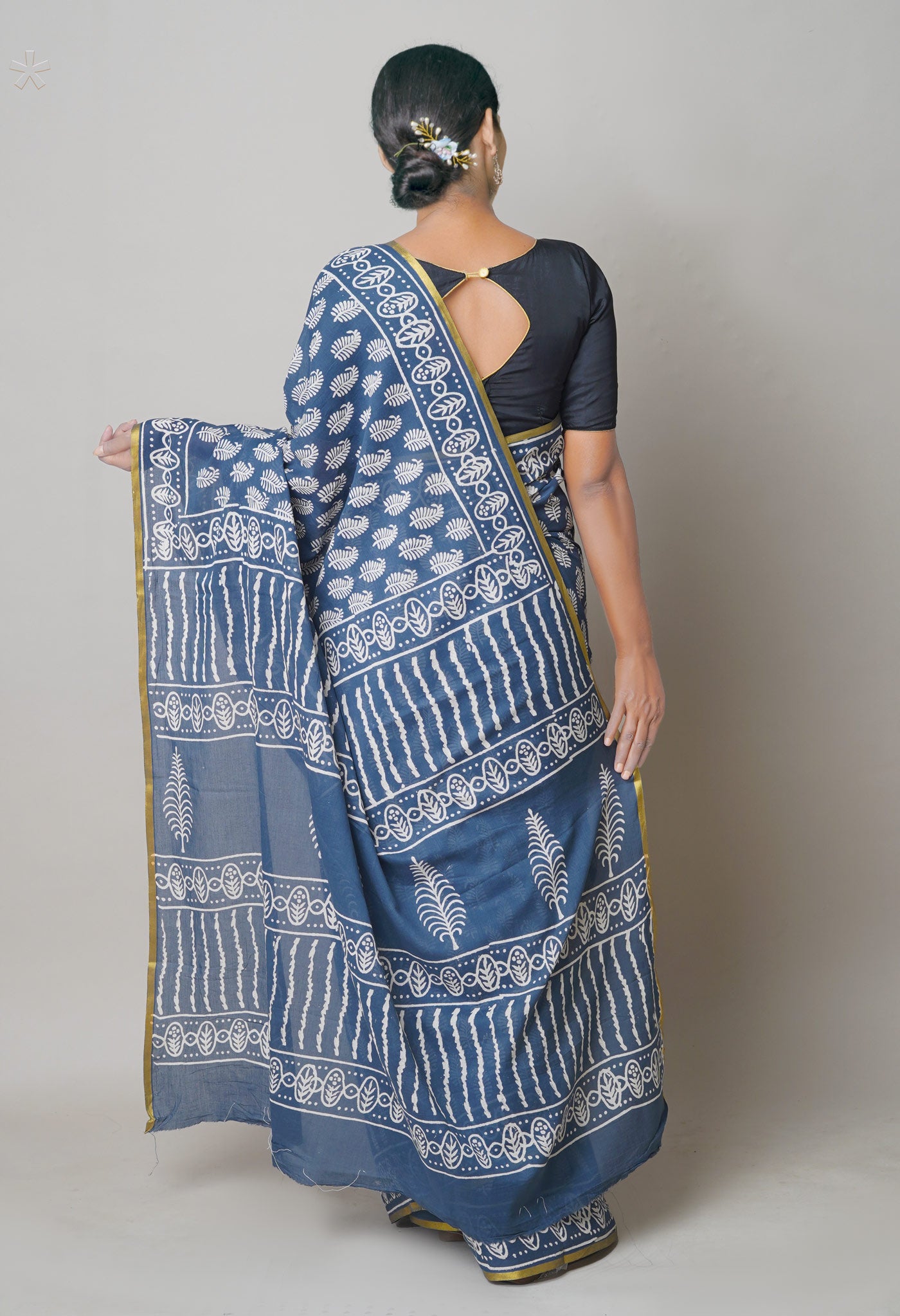 Grey Pure Hand Block Printed Soft Cotton Saree