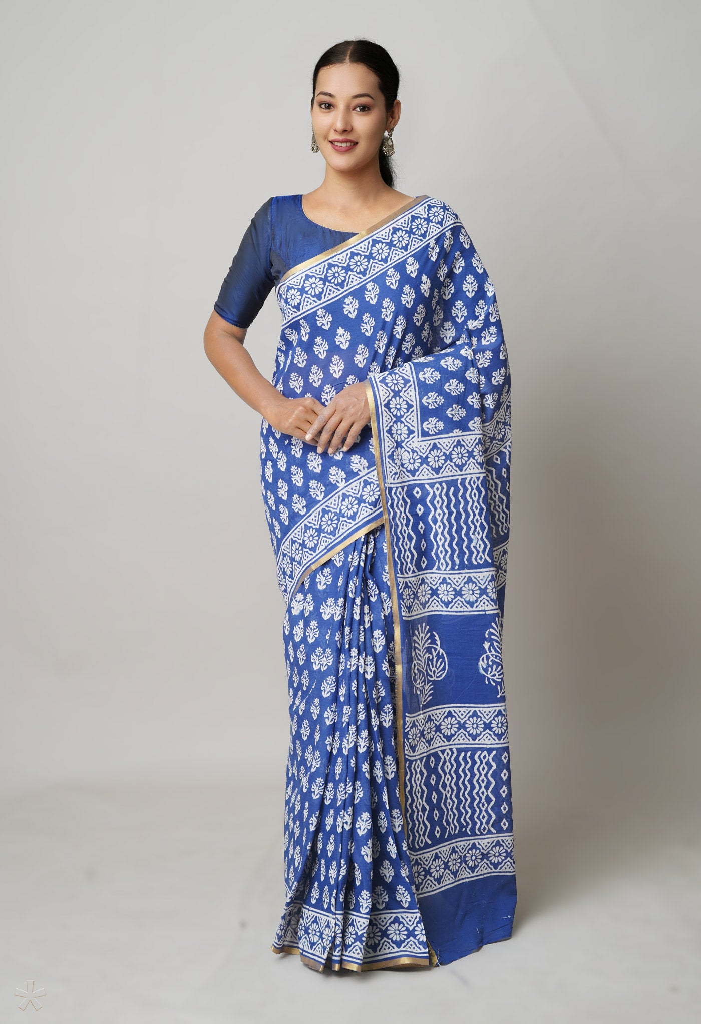 Blue Pure Hand Block Printed Soft Cotton Saree