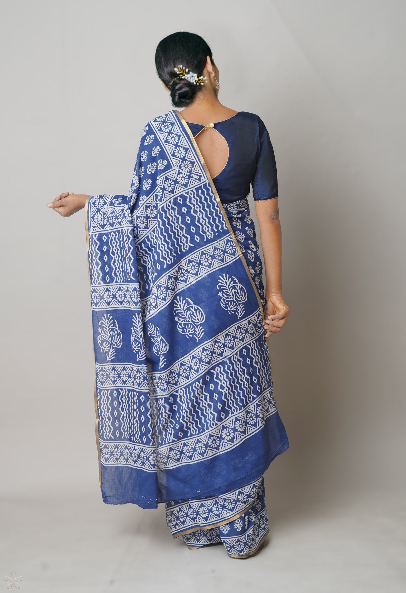 Blue Pure Hand Block Printed Soft Cotton Saree