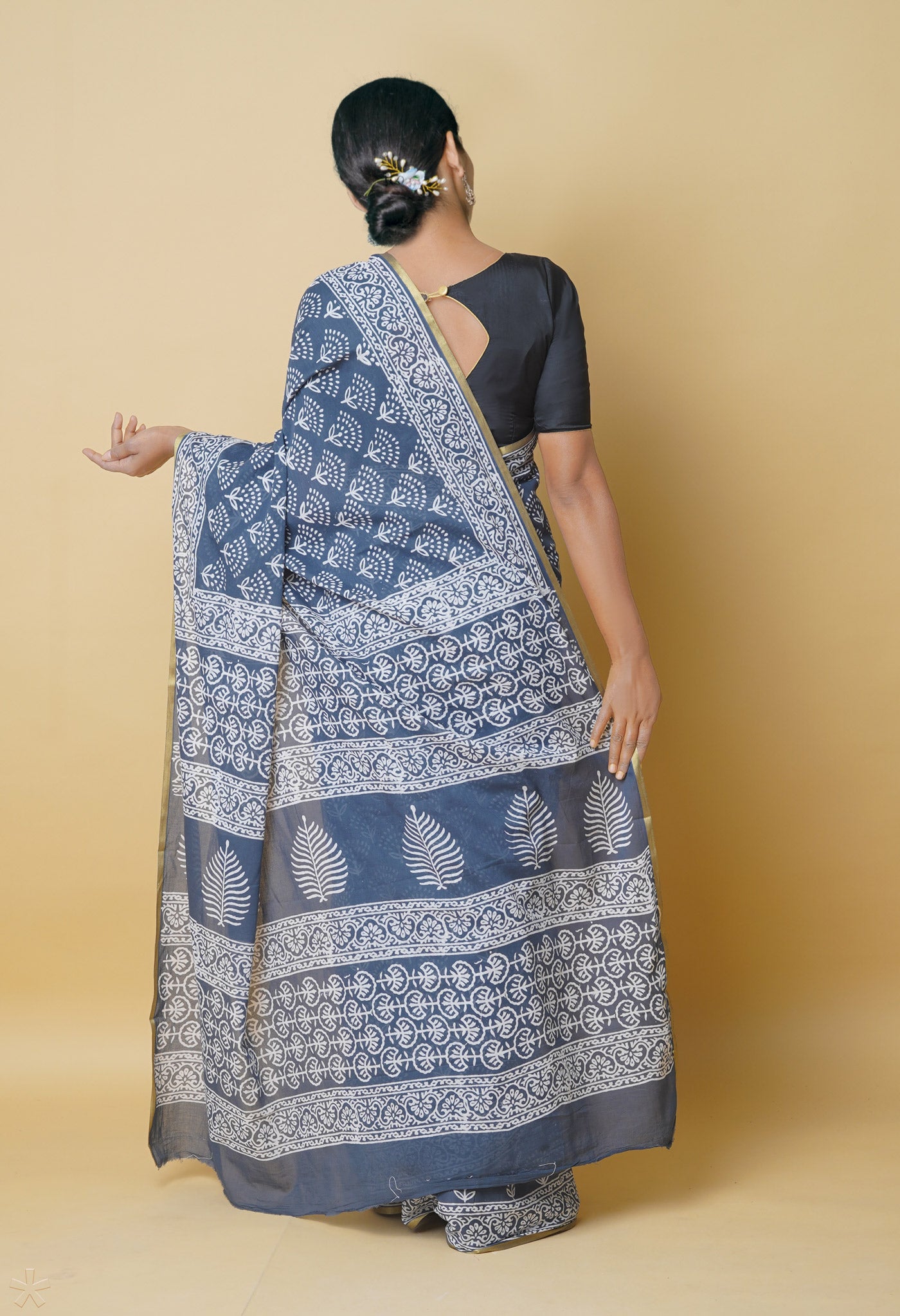 Grey Pure Hand Block Printed Soft Cotton Saree