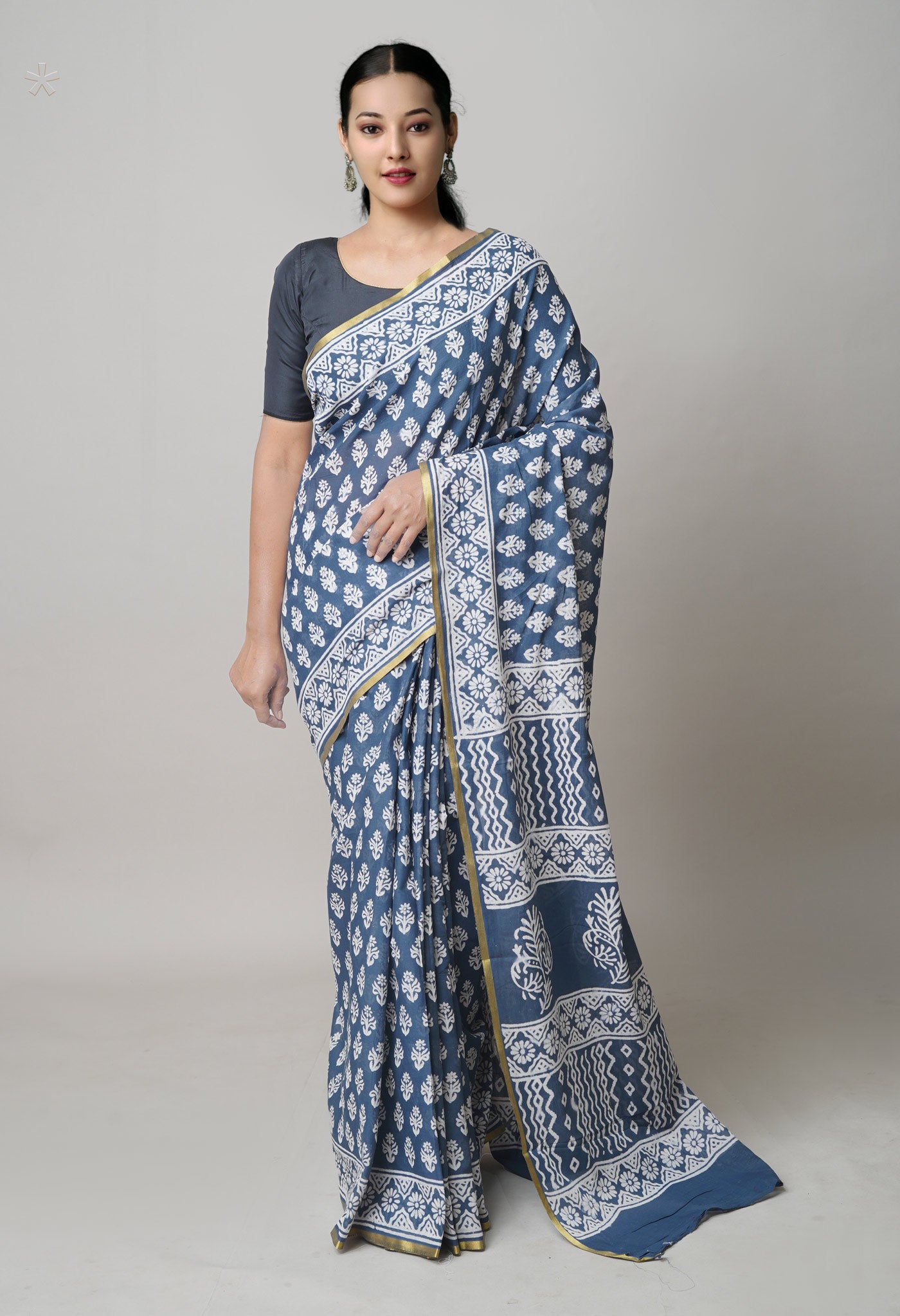 Grey Pure Hand Block Printed Soft Cotton Saree