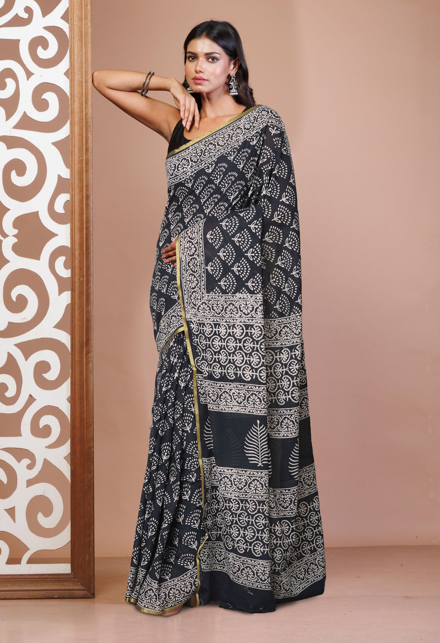 Black Pure Hand Block Printed Soft Cotton Saree-UNM73997