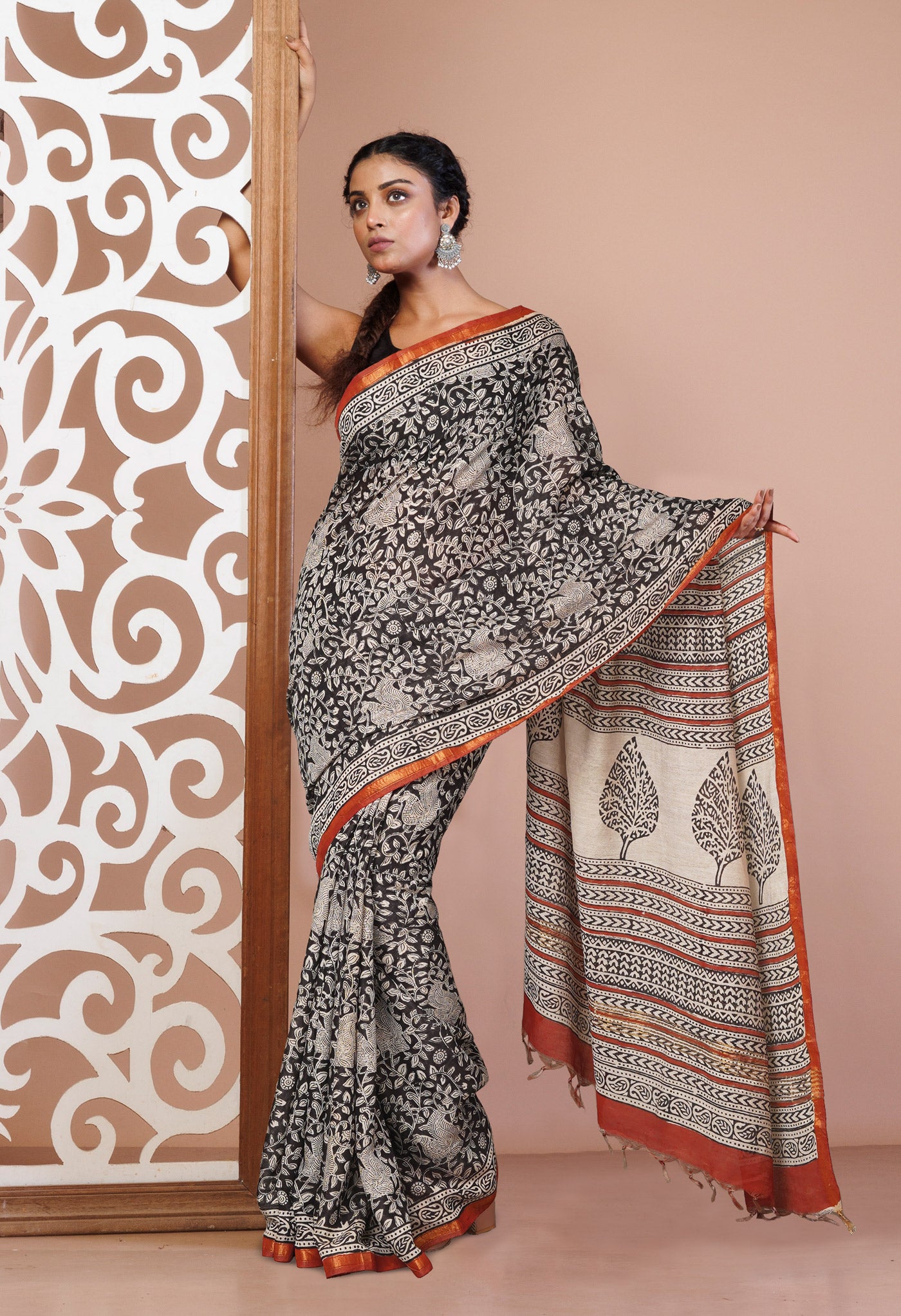 Black Pashmina Hand Block Bagru Printed Cotton Saree-UNM74037