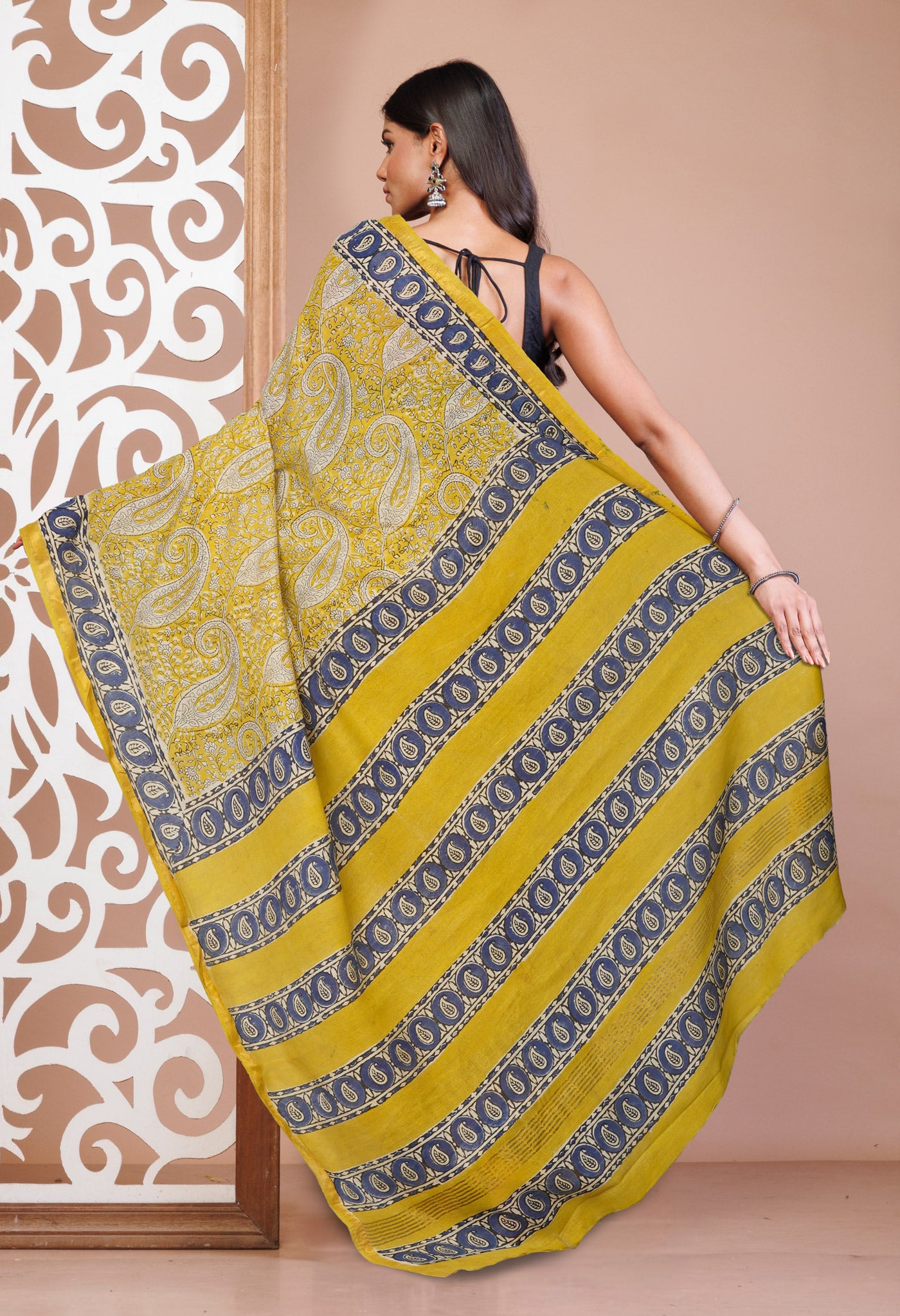 Yellow Pashmina Bagru Printed Cotton Saree-UNM74040