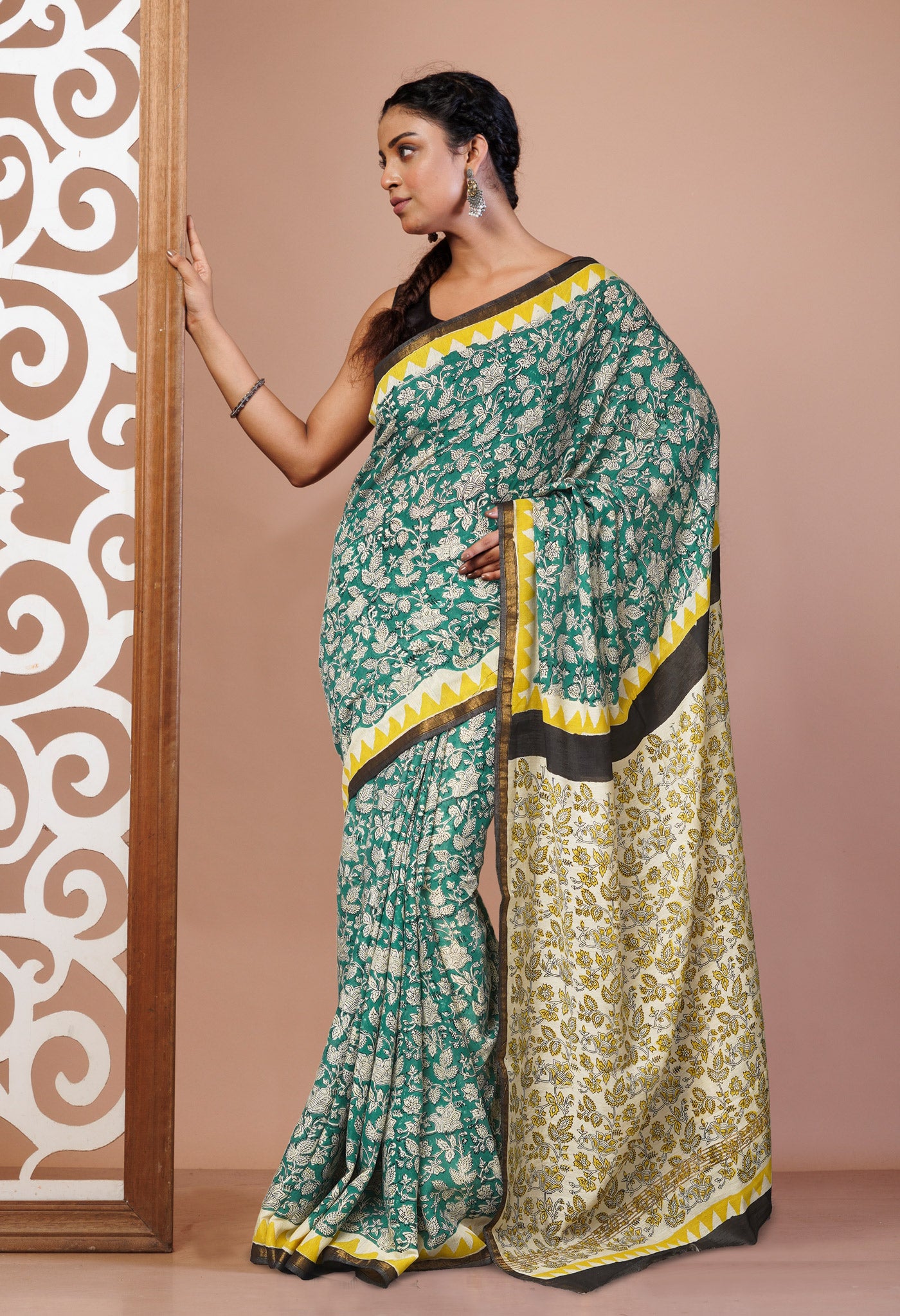 Green Pashmina Hand Block Bagru Printed Cotton Saree-UNM74042