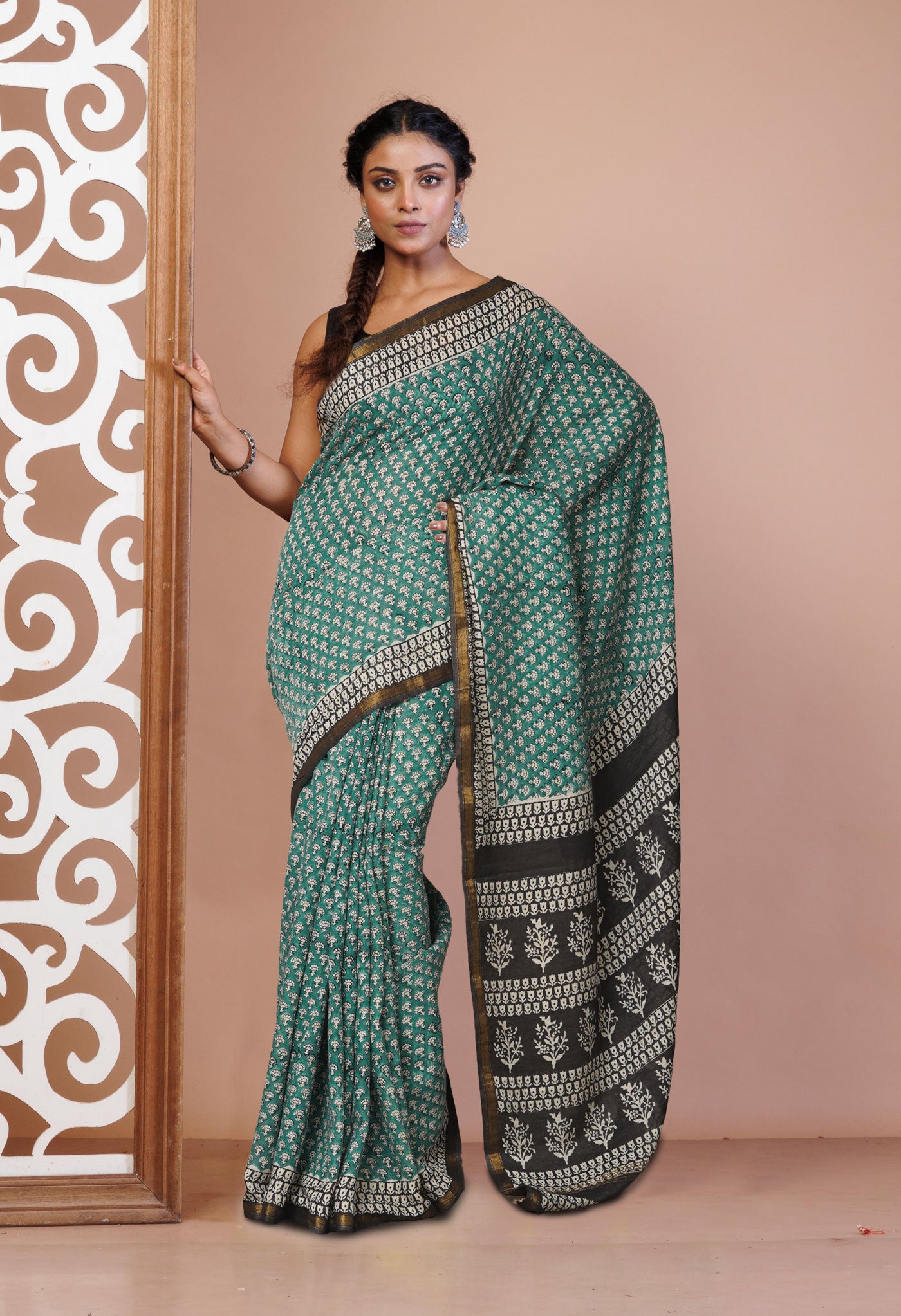 Green Pashmina Hand Block Bagru Printed Cotton Saree-UNM74045