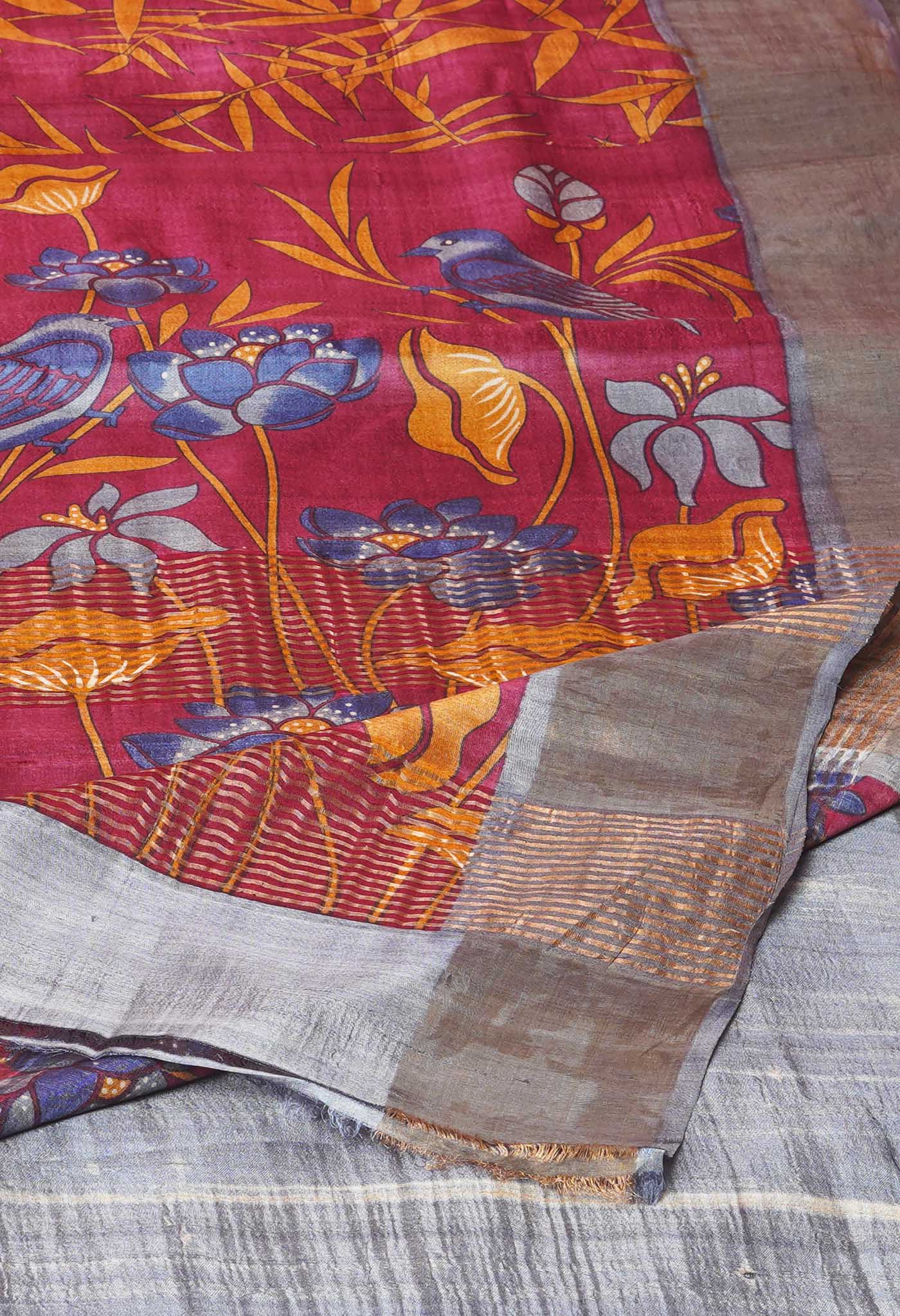 Burgundy Pure Handloom Designer Printed Bengal Tussar Silk Saree-UNM74073